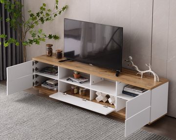 Fangqi TV-Schrank Moderner Colorblocking-TV-Schrank Hochglanz-Oberfläche TV-Schrank mit Holzmaserung 180cm
