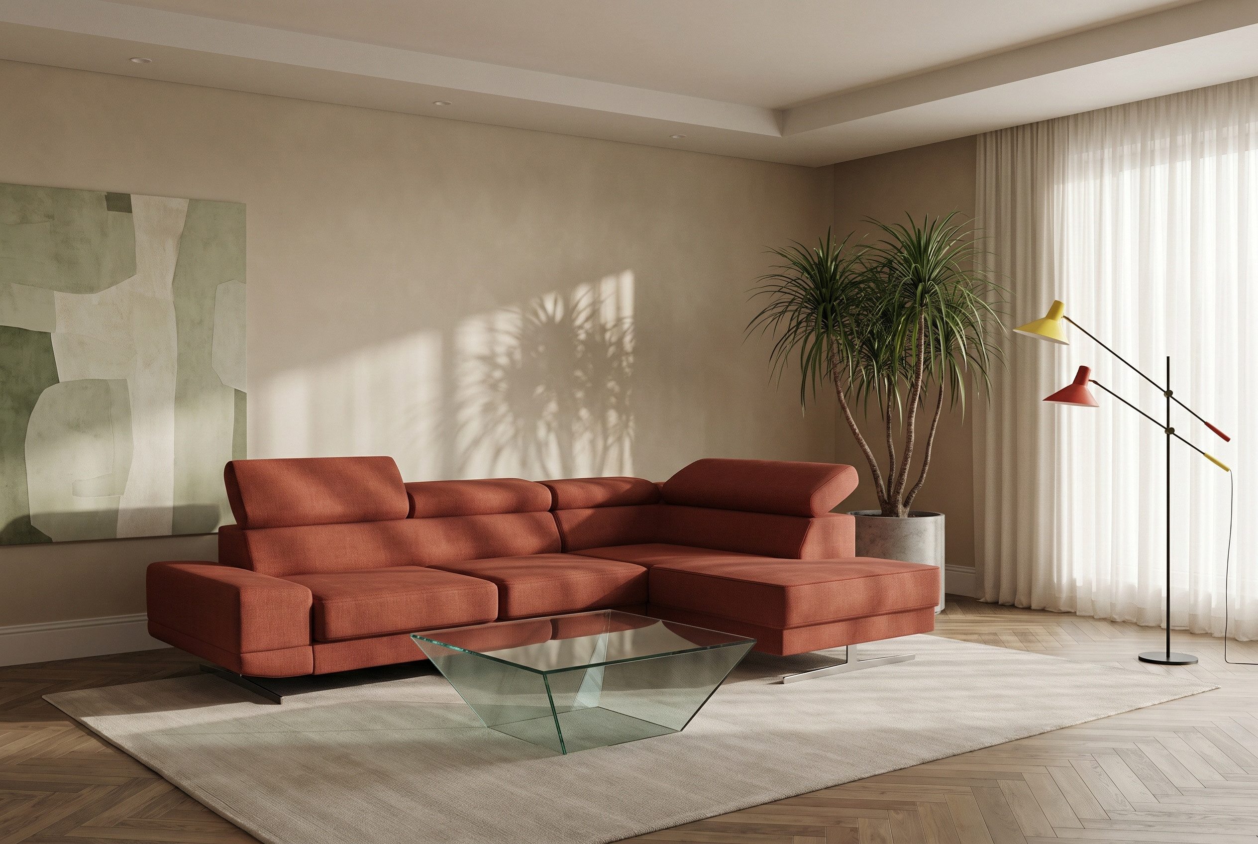 Friderik-EU Ecksofa Milano I L-Form, verstellbare Kopfstützen, T35- & HR-Schaum, hohe Metallkufen 16cm