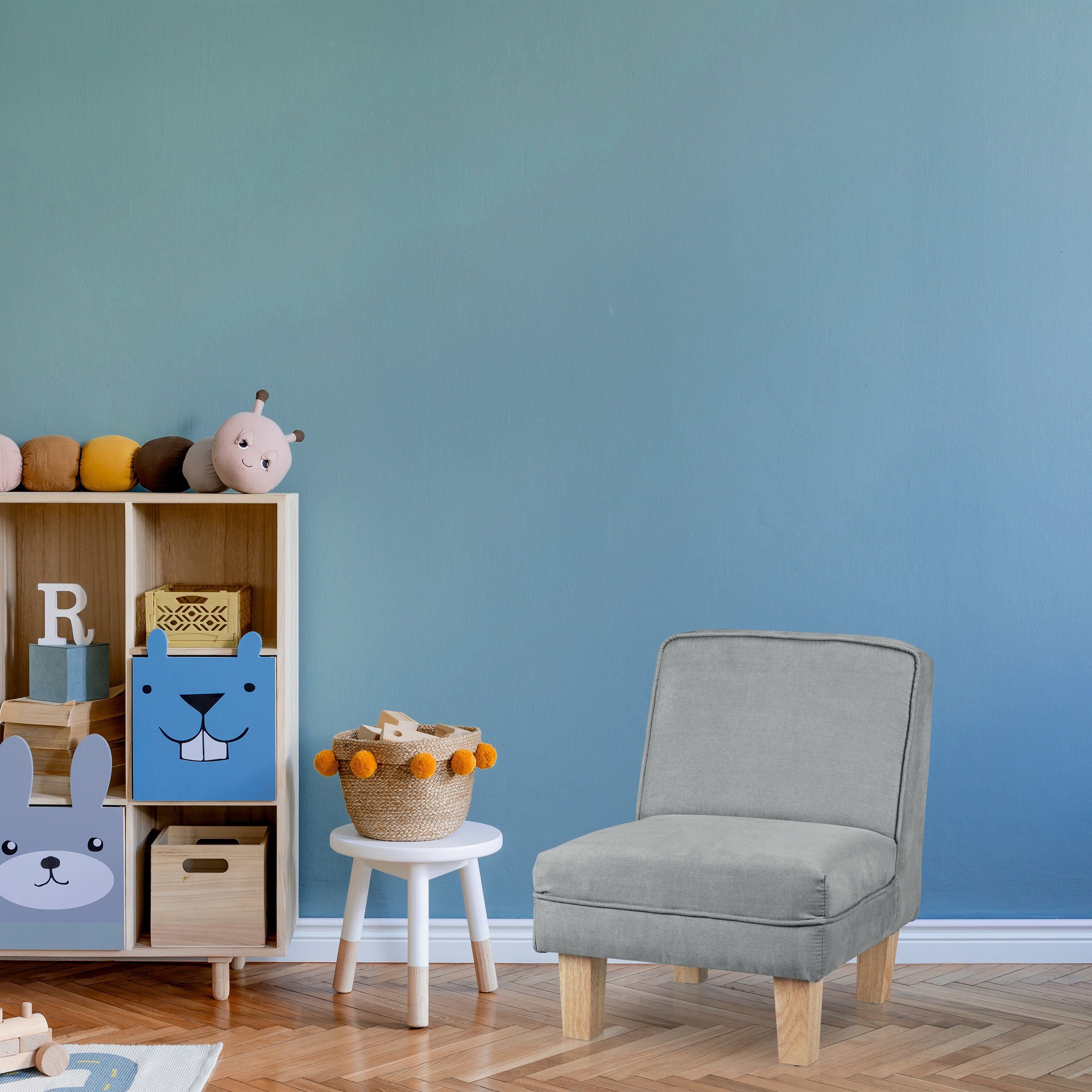 Kindersessel mit relaxdays Holzfüßen, Sessel Hellblau Hellbraun Blau