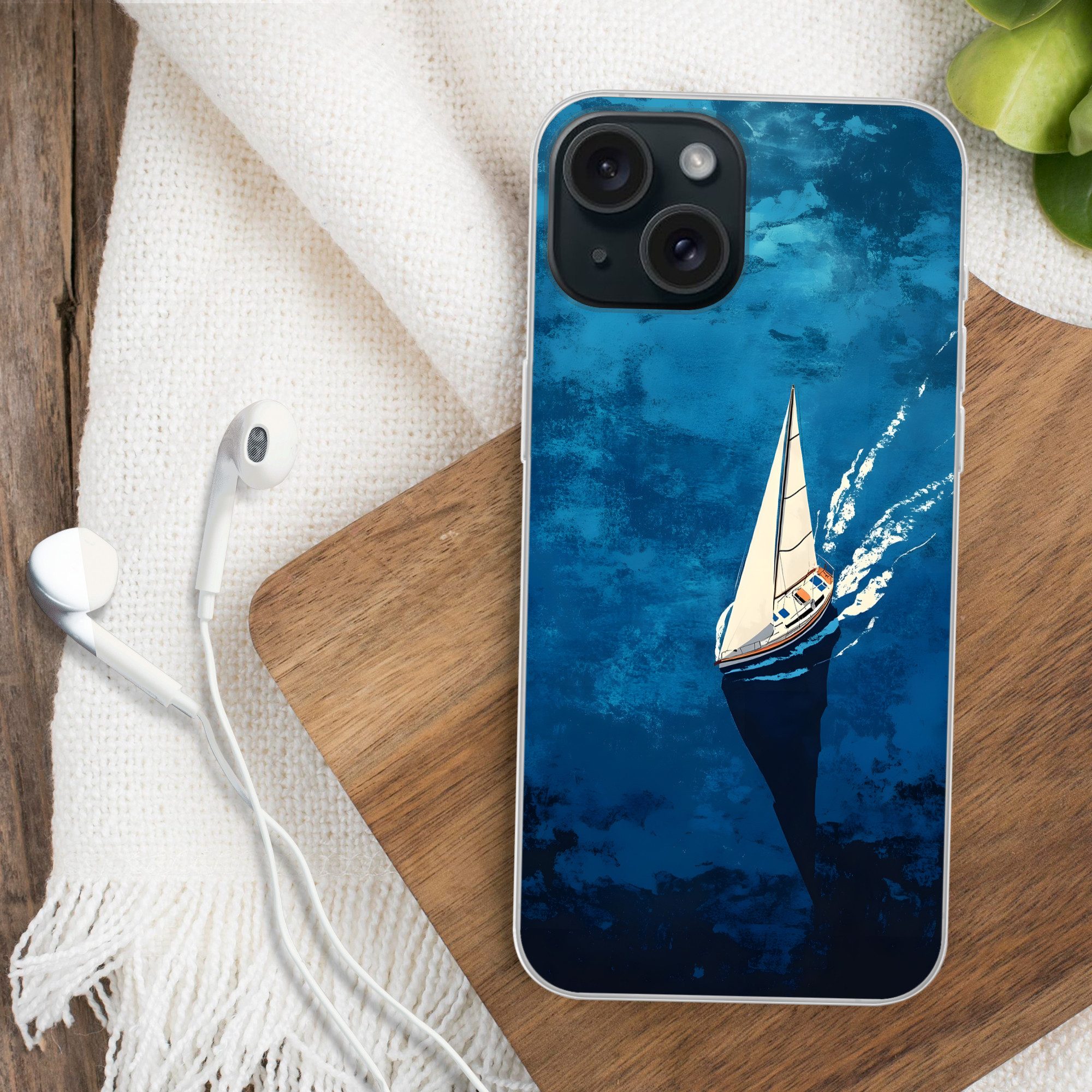 MuchoWow Handyhülle für Apple iPhone 15 Segelboot - Wasser - Abstrakt - Schatten, Smartphone-Bumper, Print, Handy Schutzhülle Dünn
