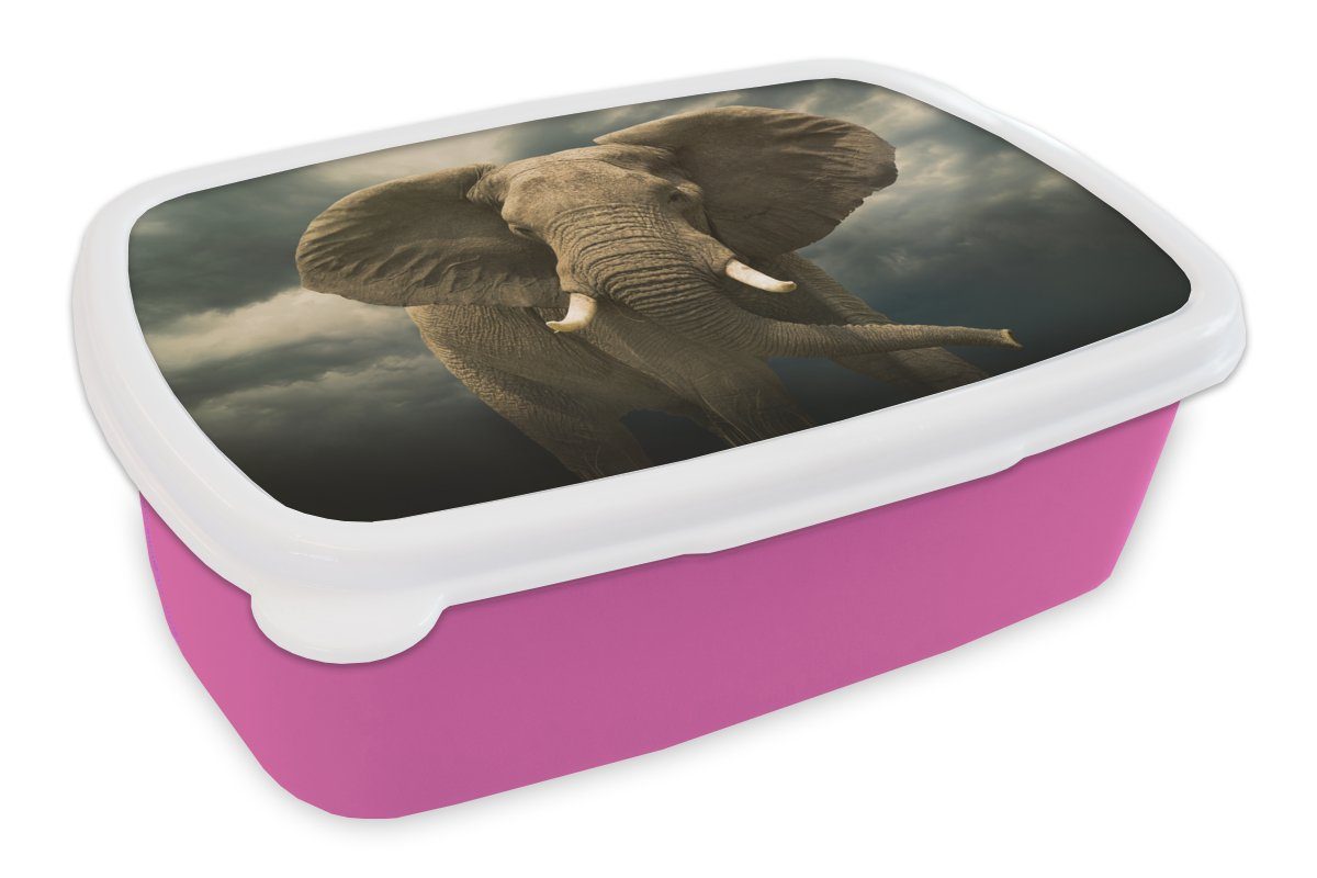 MuchoWow Lunchbox Afrikanischer Elefant gegen die dunklen Wolken, Kunststoff, (2-tlg), Brotbox für Erwachsene, Brotdose Kinder, Snackbox, Mädchen, Kunststoff rosa