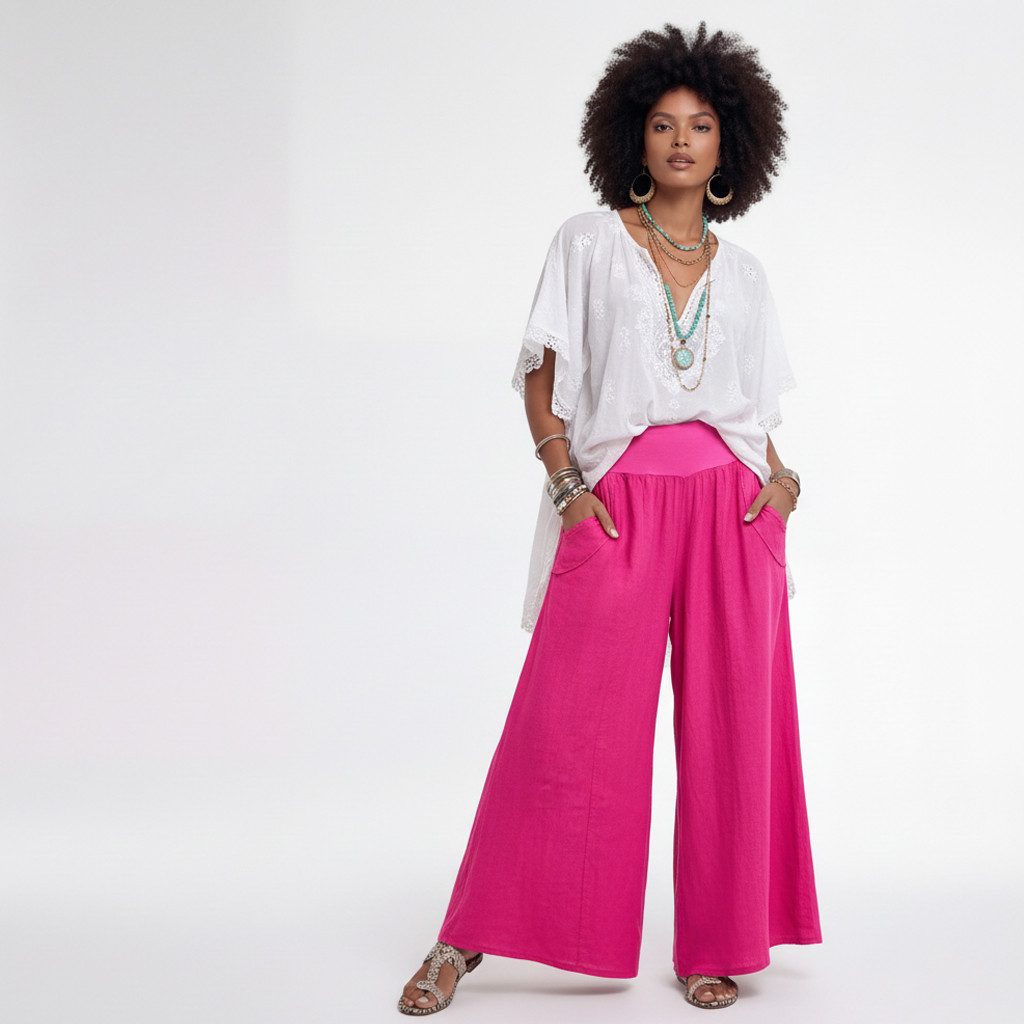 YC Fashion & Style Leinenhose Palazzo Hose weit – Sommerhose mit elastischem Bund und Taschen in Unifarbe