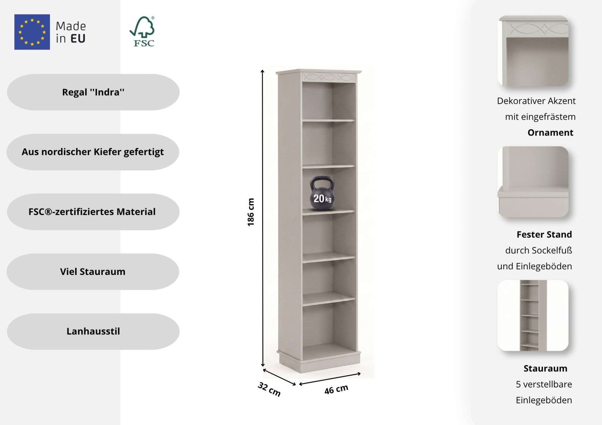 OTTO home Bücherregal Indra, aus massiver Kiefer, in verscheidenen Höhen, mit FSC®