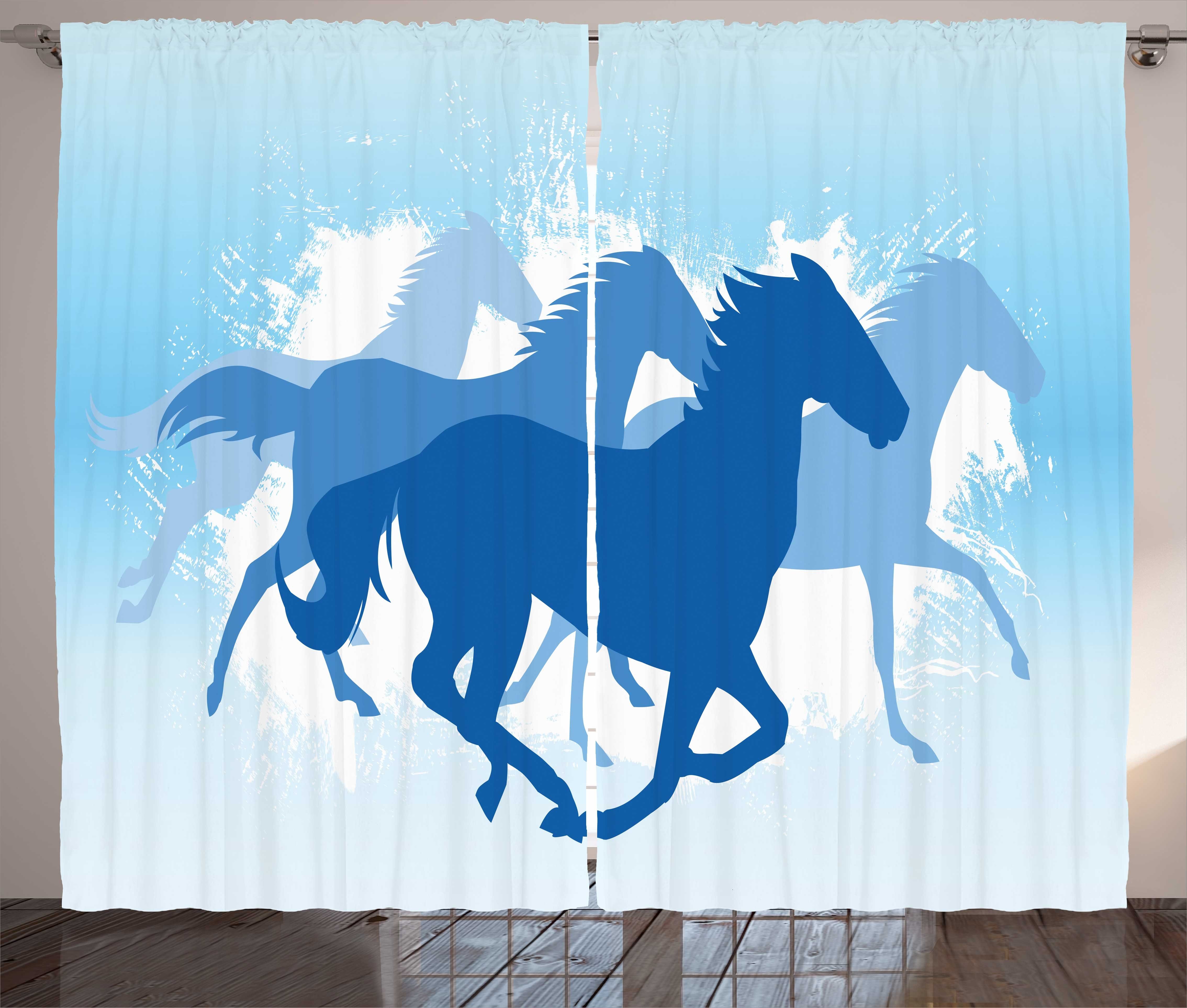 Gardine Schlafzimmer Kräuselband Vorhang mit Schlaufen und Haken, Abakuhaus, Tier Blaue Töne Galoppierende Pferde