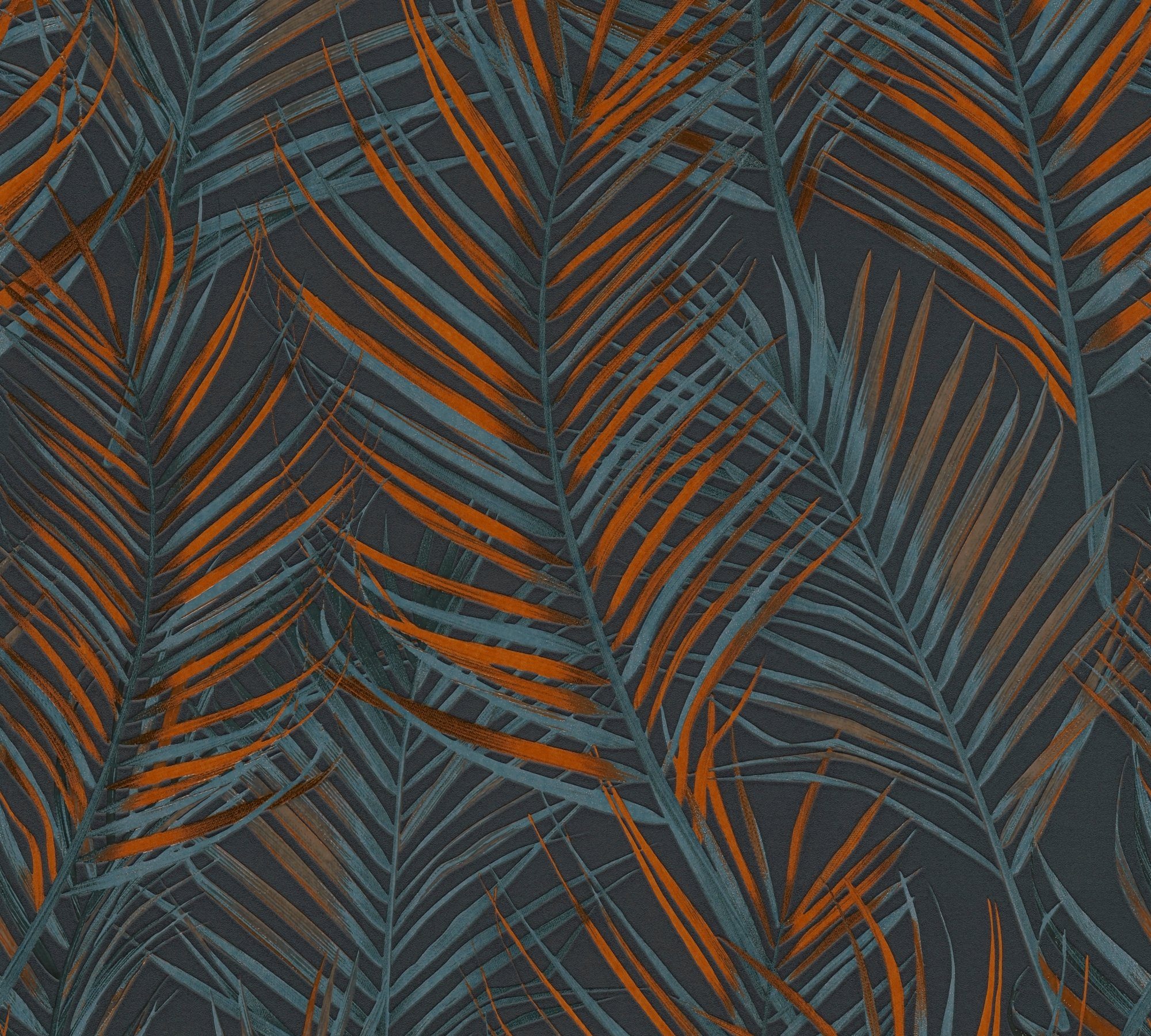A.S. Création (1 pflanzen Grün Farntapete, blätter St), 2 matt, strukturiert Schwarz,orange,Petrol Floral Vliestapete Blättertapete strukturiert, Attractive