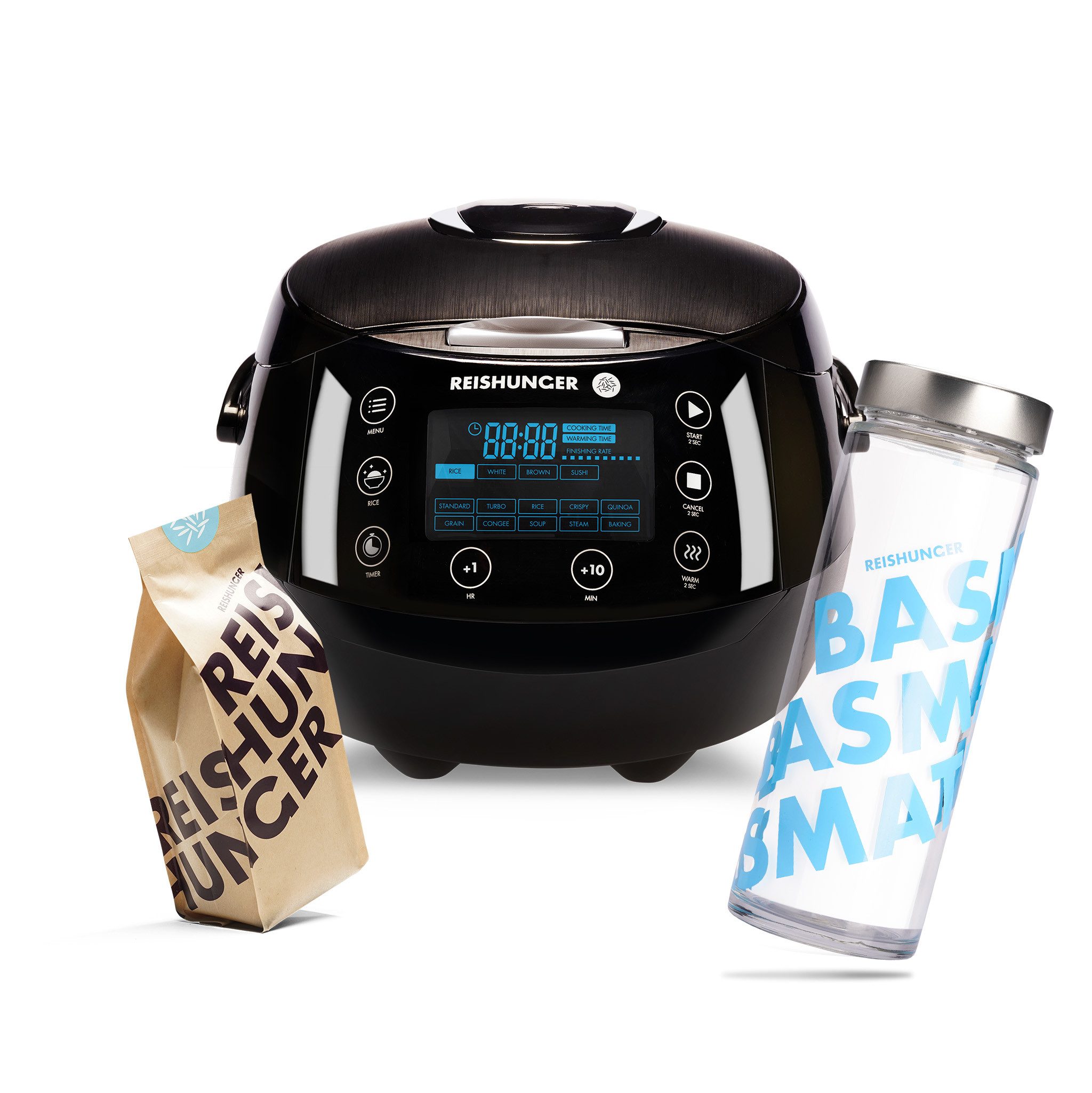 Reishunger Reiskocher REISHUNGER Digitaler Reiskocher, schwarz, 1,5L, Kennenlernset, 860 W, Fuzzy Logic mit 7-Kochphasen-Technologie