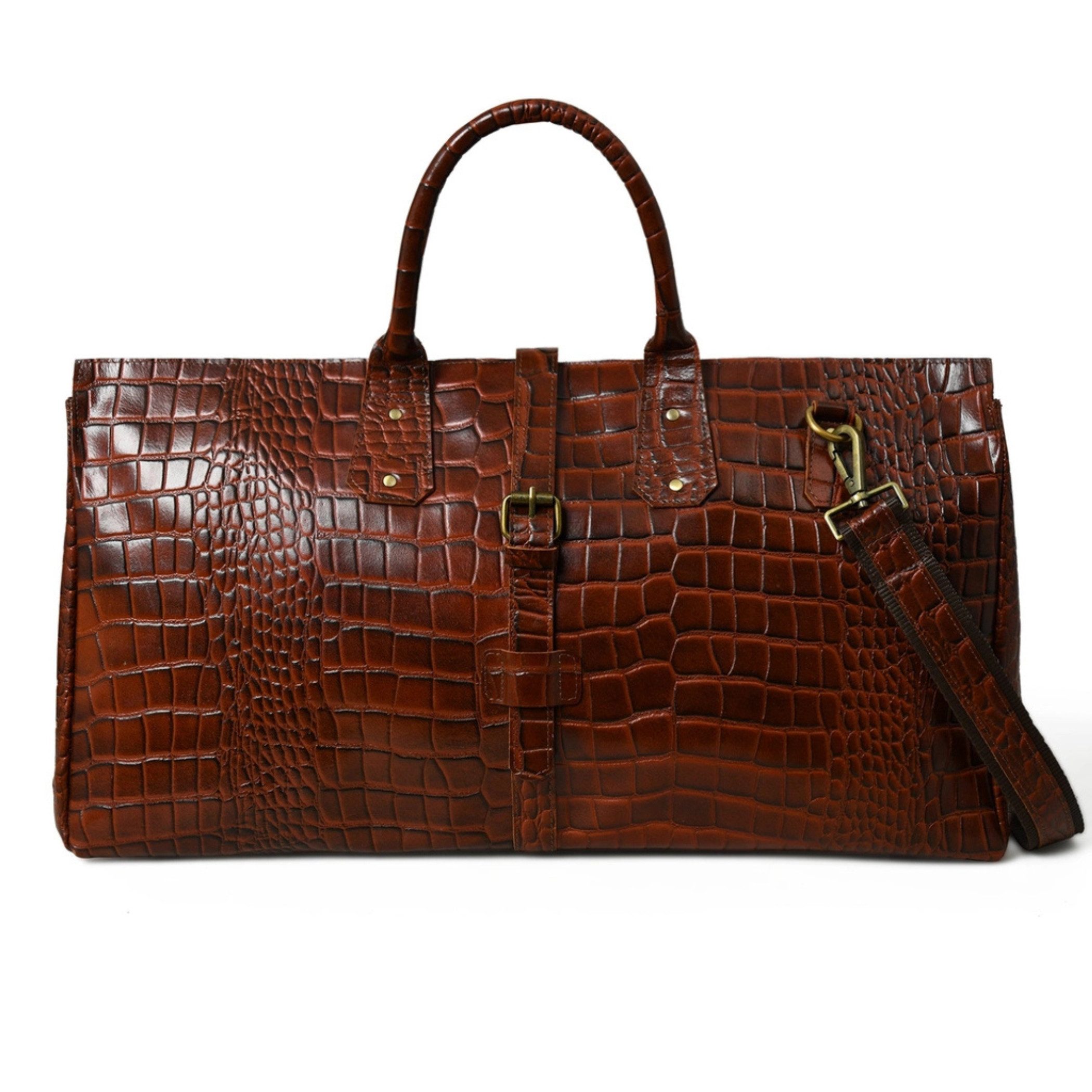 Ella Eisvogel Weekender Premium Reisetasche Vollnarben Büffelleder Krokodilmuster braun, Exklusive Leder Weekender Tasche groß aus Vollnarben Büffelleder