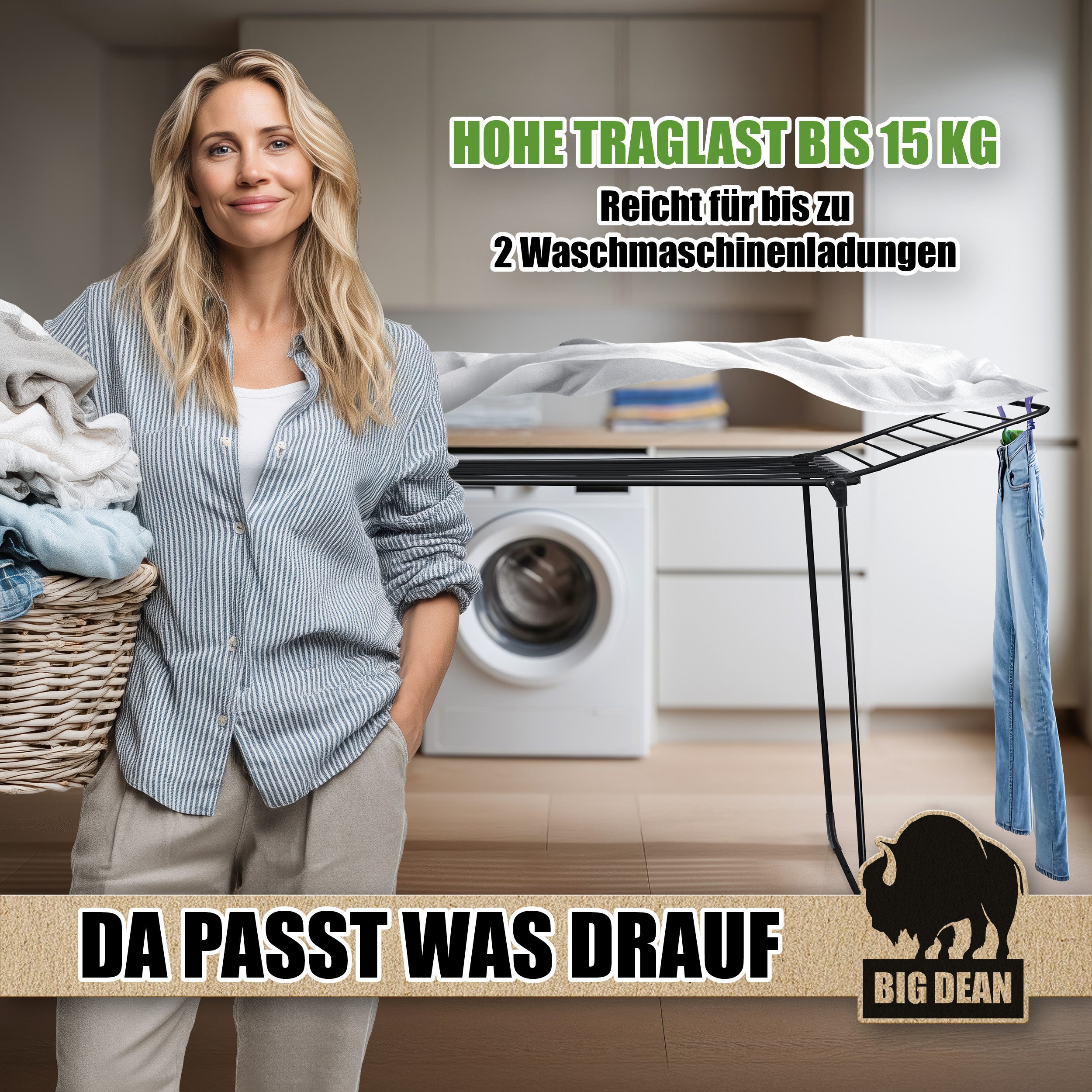BigDean Wäscheständer Wäschetrockner 20m extra hoch & dicke Leinen Made in Europe, 20m Trockenleine, 15kg Tragkraft, Extra dicke leinen – Bild 5 von 5