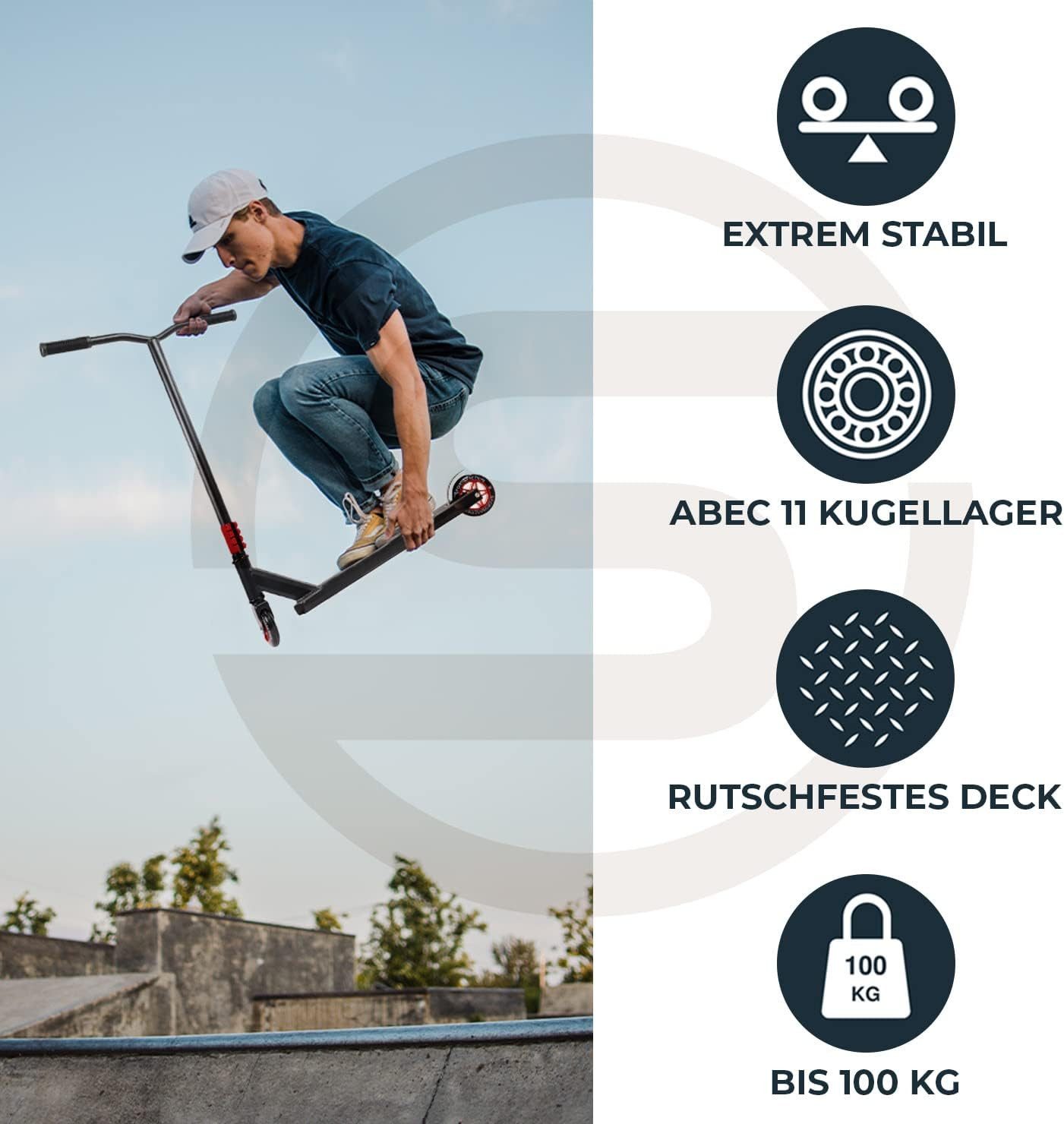 Sportisfaction Stuntscooter Stuntscooter Rot ABEC11 Kugellager 4-fach Klemme Belastbar bis 100kg, Profi Roller für Tricks & Rampen Alu-Deck 50x11cm Robustes Design