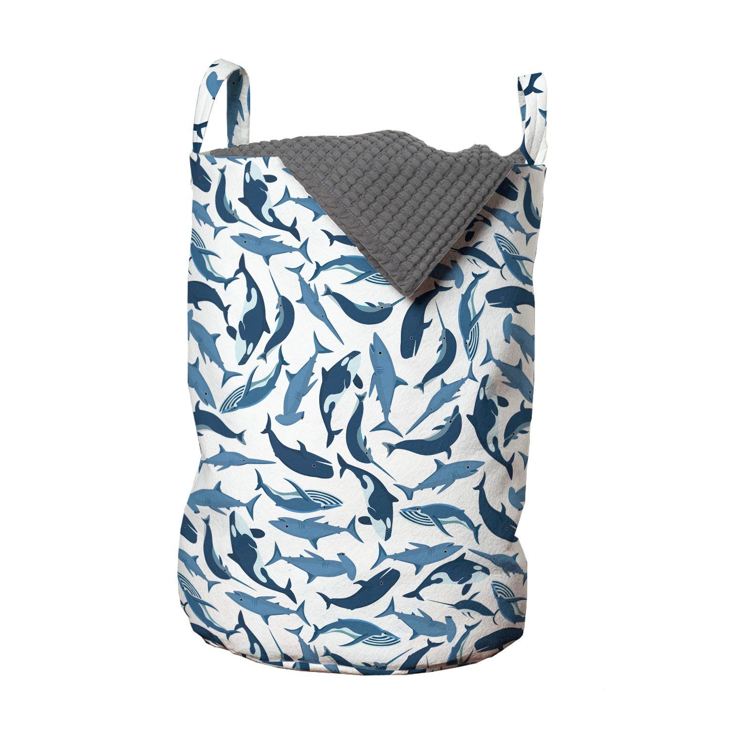 Abakuhaus Wäschesäckchen Wäschekorb mit Griffen Kordelzugverschluss für Waschsalons, Wale Haie Narwhal Säugetier Fisch