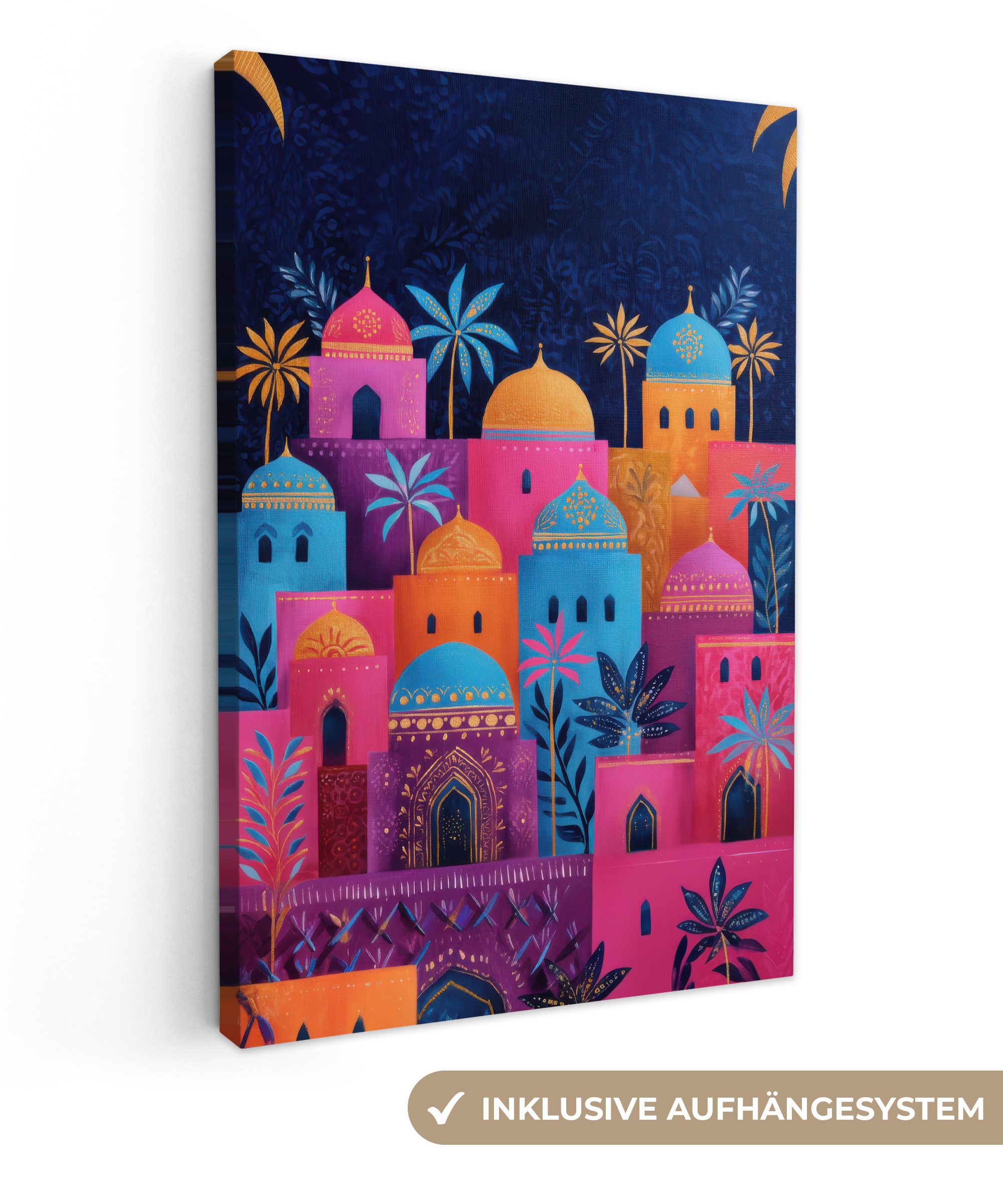 OneMillionCanvasses® Leinwandbild Bunte Gebäude - Abendlicht - Islamisch, Fotodruck (1 St), Bilder groß Wohnzimmer Schlafzimmer 80x120 cm