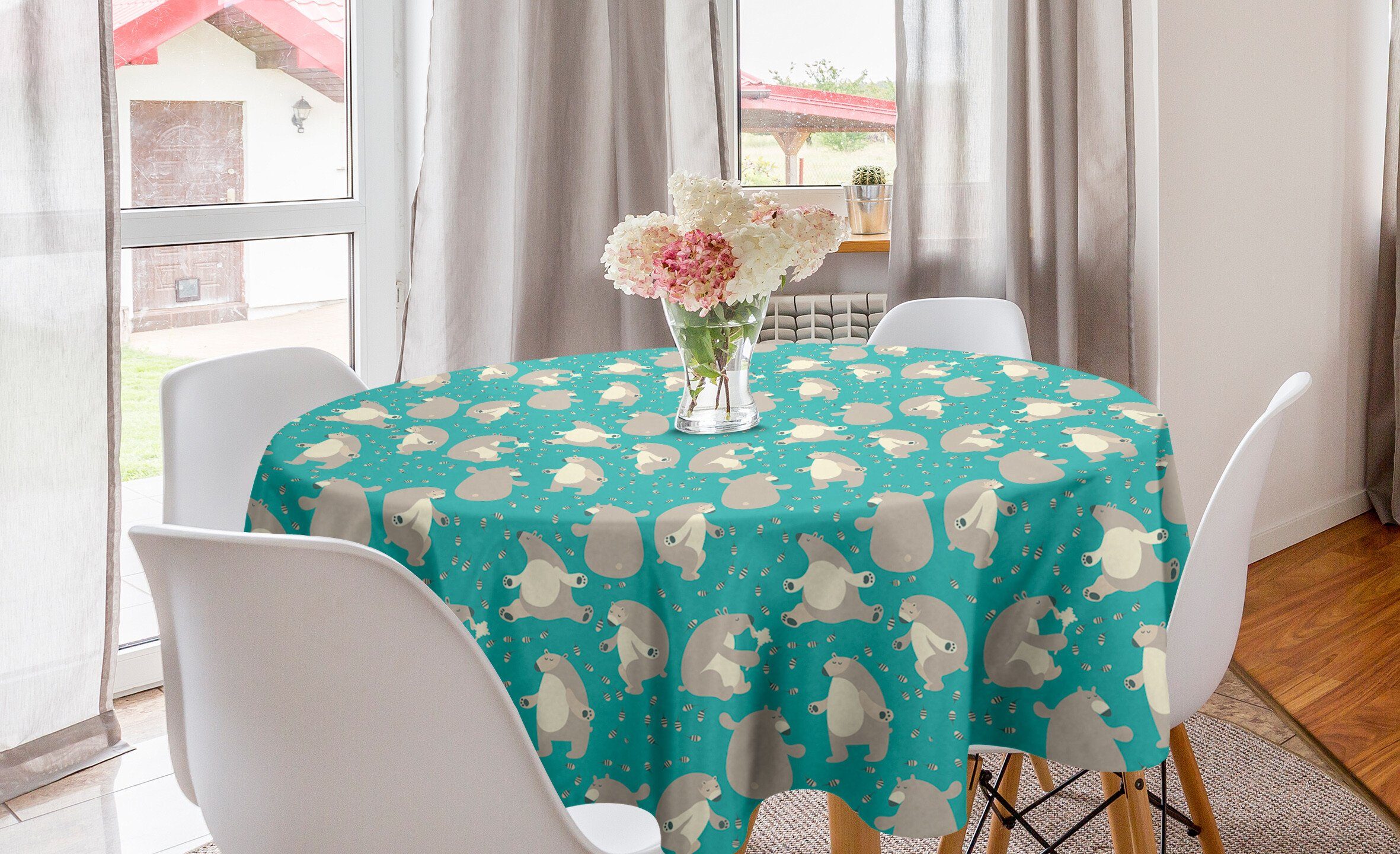 Abakuhaus Tischdecke Kreis Tischdecke Abdeckung für Esszimmer Küche Dekoration, Bär Lustige Tiere und Bienen
