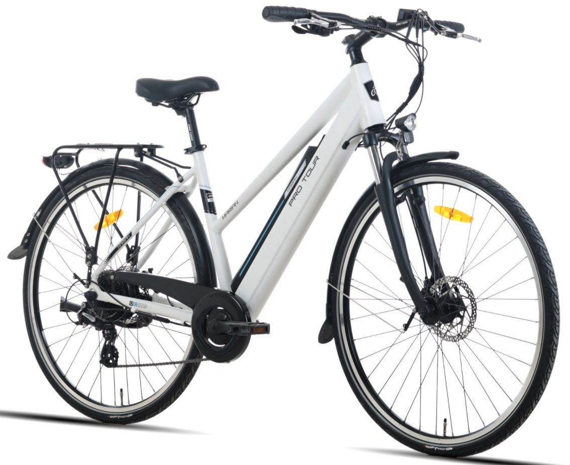 HILAND E-Bike 28 Zoll E-Trekking Citybike mit Samsung 12,8Ah Akku,LCD Display, 8 Gang Shimano, Kettenschaltung, Nabemotor, 460.8 Wh Akku, (Set, mit Akku-Ladegerat, mit Werkzeug, mit Beleuchtungsset), für Damen und Herren 160 - 195 cm City Commuter Fahrrad Weiß