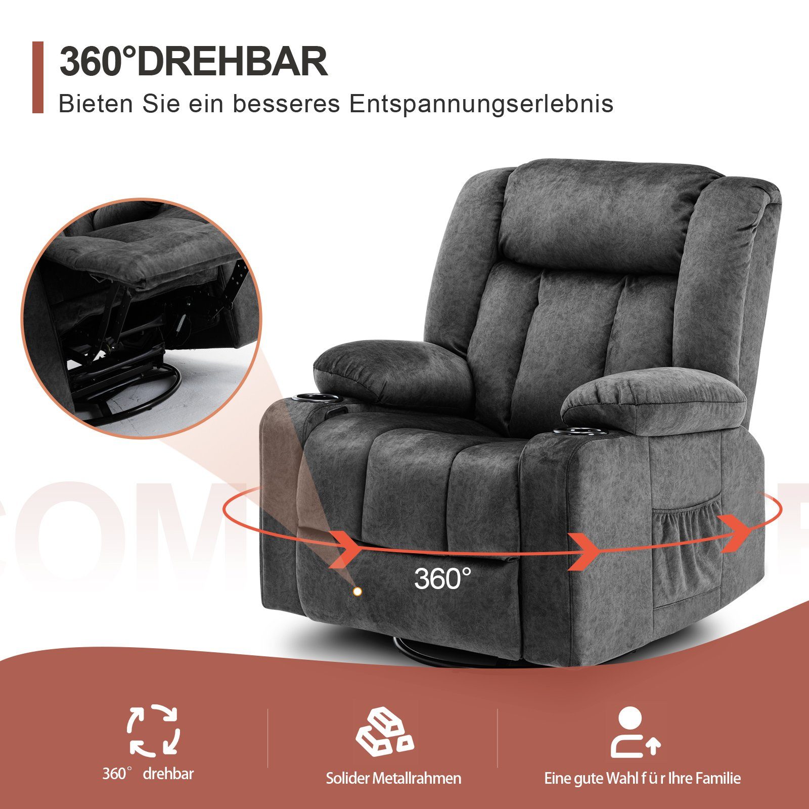 COMHOMA Relaxsessel TV-Sessel Fernsehsessel Ruhesessel mit Wippfunktion, 360° drehbar, Lounge Sessel für Wohnzimmer, Getränkehalter, Seitentaschen – Bild 3 von 5
