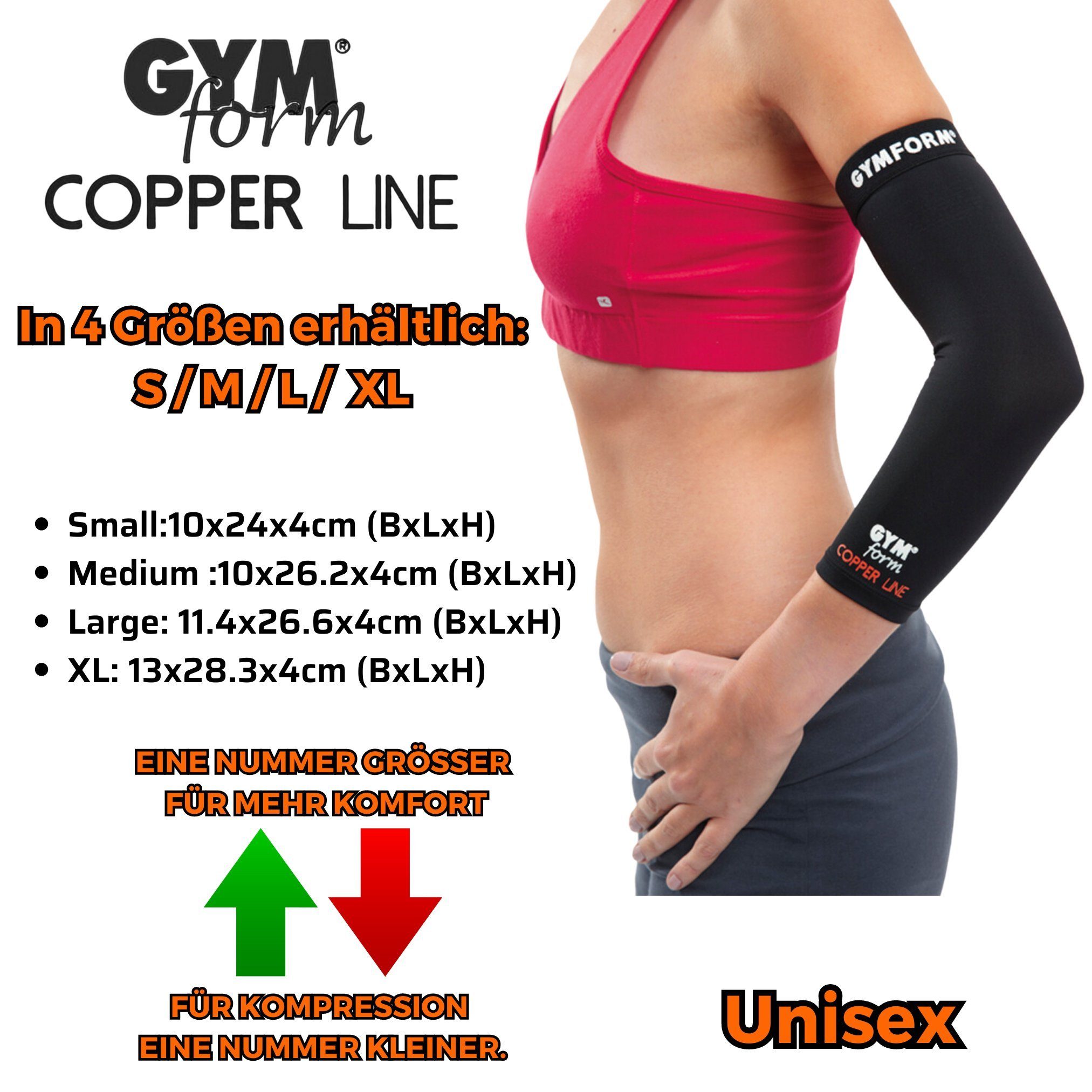 Gymform® Ellenbogenbandage Copper Line - Elbow Sleeve (Spar-Set 1er oder 2er Pack, 1-tlg., in 4 Größen - S, M, L, XL), Ellenbogenstütze - Kompressions Bandage aus Kupferfasern, atmungsaktiv