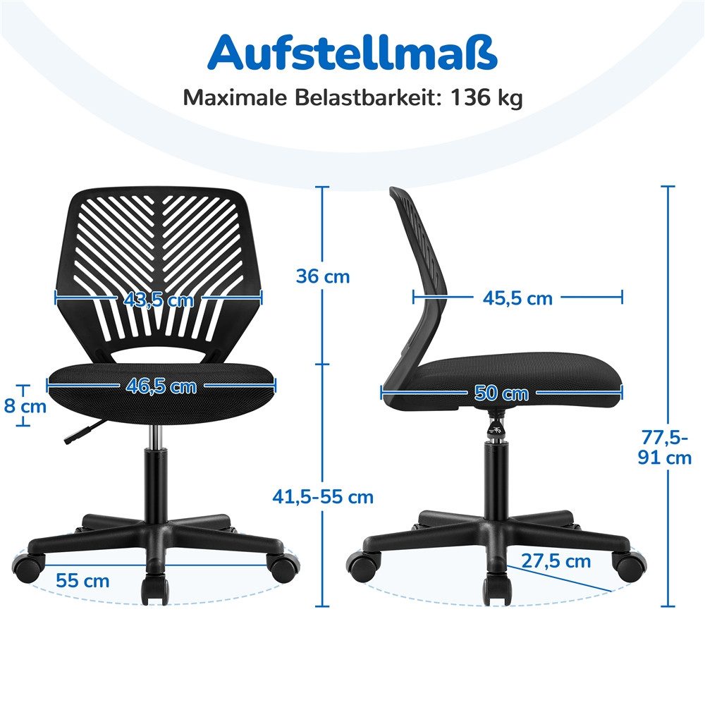 Yaheetech Drehstuhl Höhenverstellbarer Bürostuhl ohne Armlehnen, Schreibtischstuhl mit Netzbezug fürs Arbeitszimmer/Büro/Wohnzimmer – Bild 4 von 5