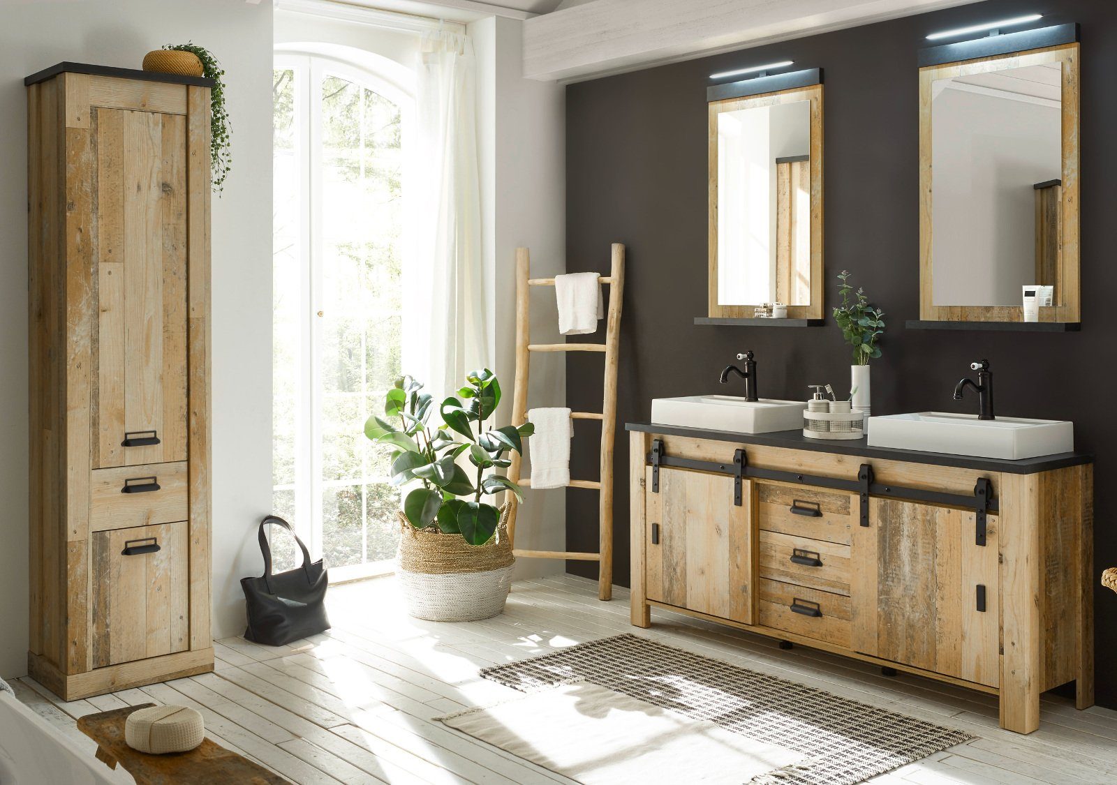 Furn.Design Badmöbel-Set Stove, (Badezimmer komplett Set 6-teilig, Used Wood Design), inklusive Waschbecken und Beleuchtung, Soft-Close