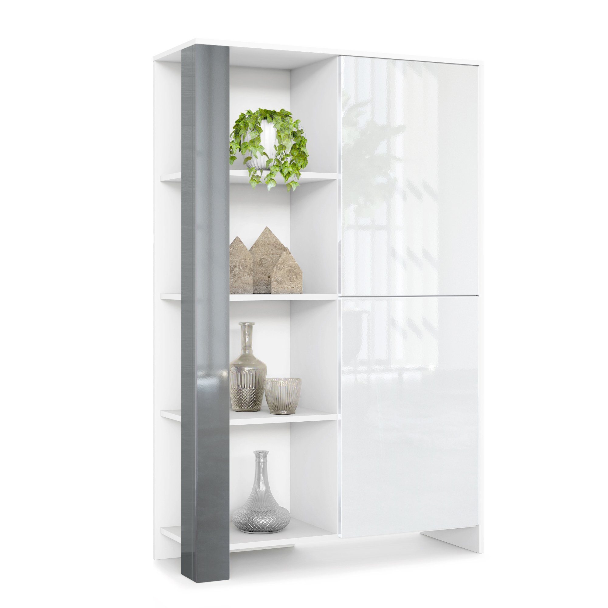 Vladon Highboard Canto (Highboard, mit 2 Türen und 8 Fächern), Weiß matt, Weiß Hochglanz, Grau Hochglanz