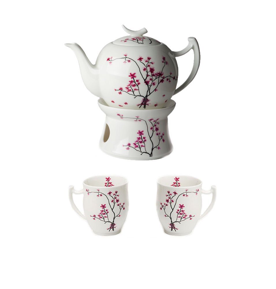 Dekomiro Teeservice TeaLogic Cherry Blossom 1 Tekanne 2L / 2 Bechern / Stövchen (5-tlg), 2 Personen, Fine Bone China Porzellan, Teesevice mit Teekanne 2 Liter Inhalt Stövchen und 2 Teebecher