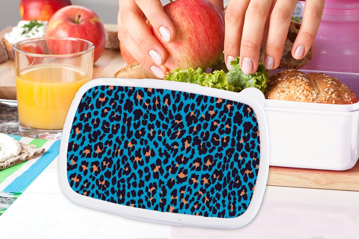 MuchoWow Lunchbox Leopardenmuster und Kunststoff, Brotdose, Kinder - und für Erwachsene, Blau, - weiß Brotbox Jungs (2-tlg), für Design Mädchen