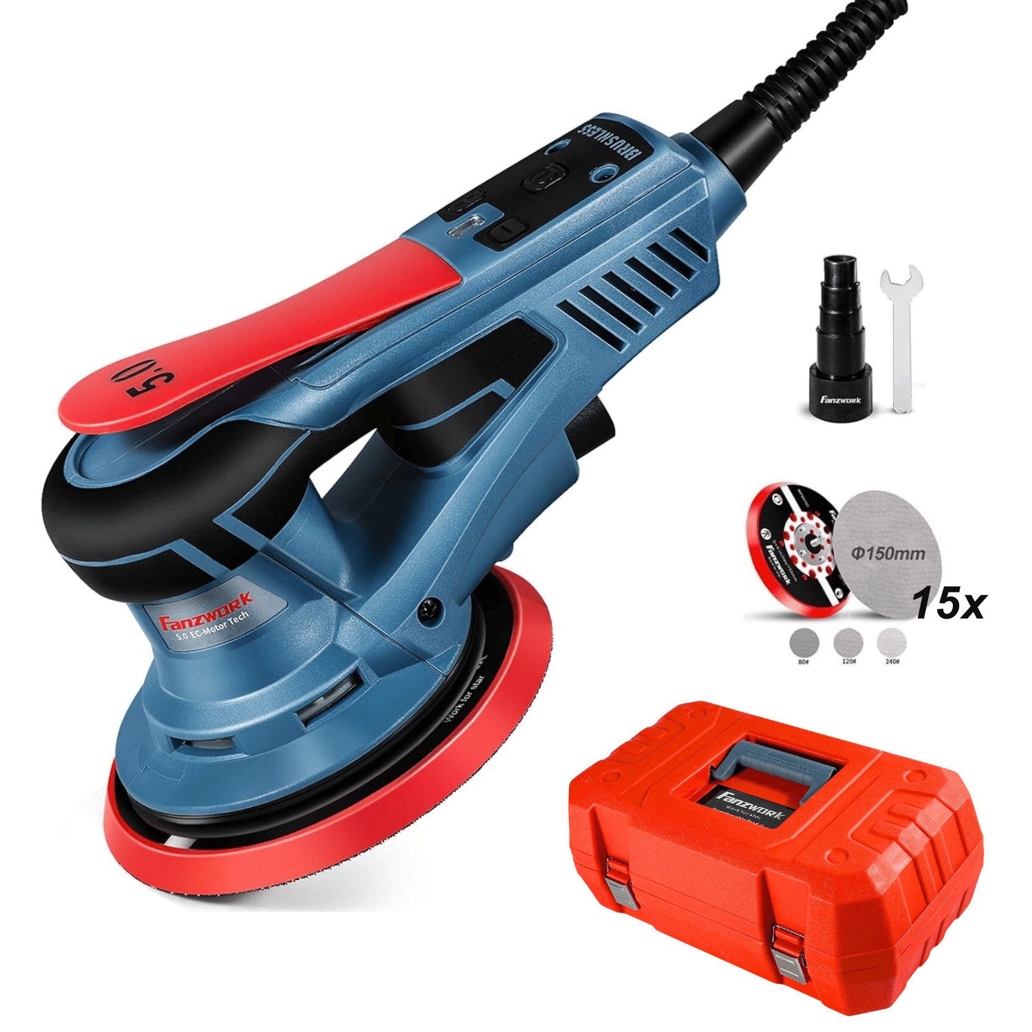Fanzwork Орбитальная шлифовальная машина 350W bürstenloser EC-Motor mit 150mm Schleifteller, 5mm Schleifhub, Vibrationsarm und wartungsfrei