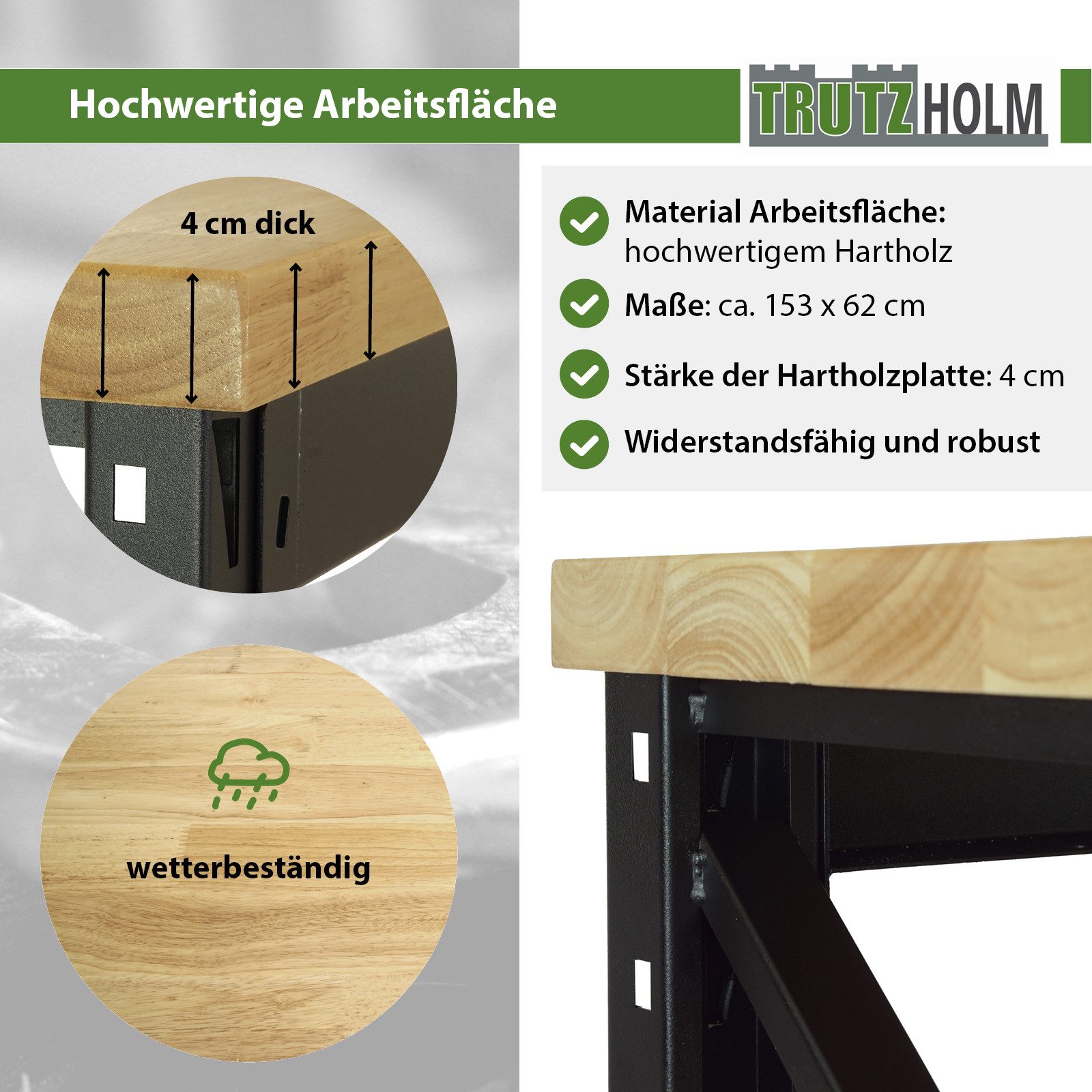 TRUTZHOLM Werkbank 153x62x99 cm 500 kg Stahlgestell Hartholzplatte Werktisch Arbeitstisch