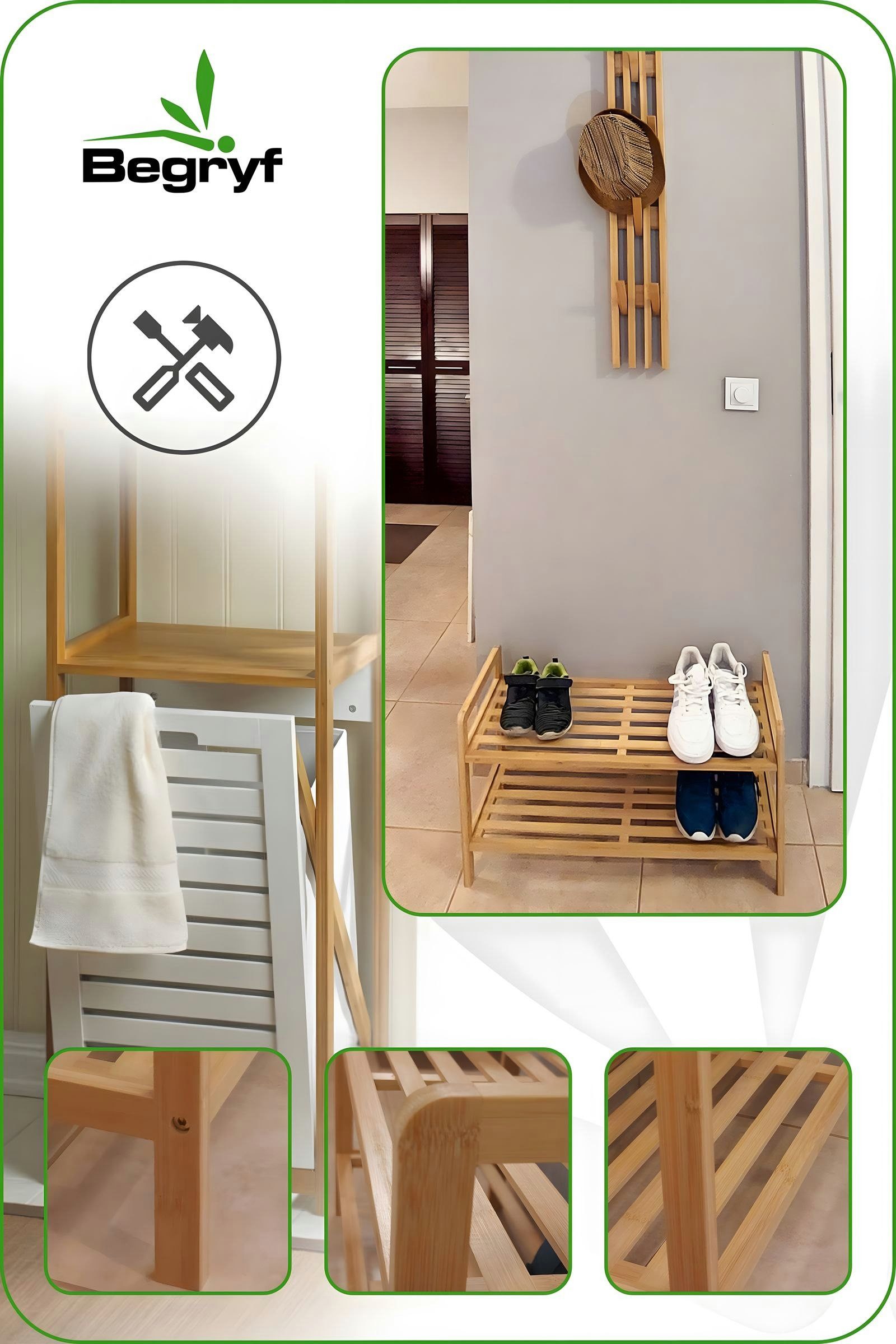 BEGRYF Schuhregal Bambus Natur 70 x 26 x 40 cm, 2 Ablagen – Bild 2 von 5