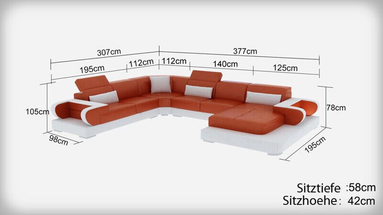 JVmoebel Ecksofa Couch Ecksofa mit 2 Wohnlandschaft Leder Modern USB Orange Teile Sofa+Tisch, Garnitur