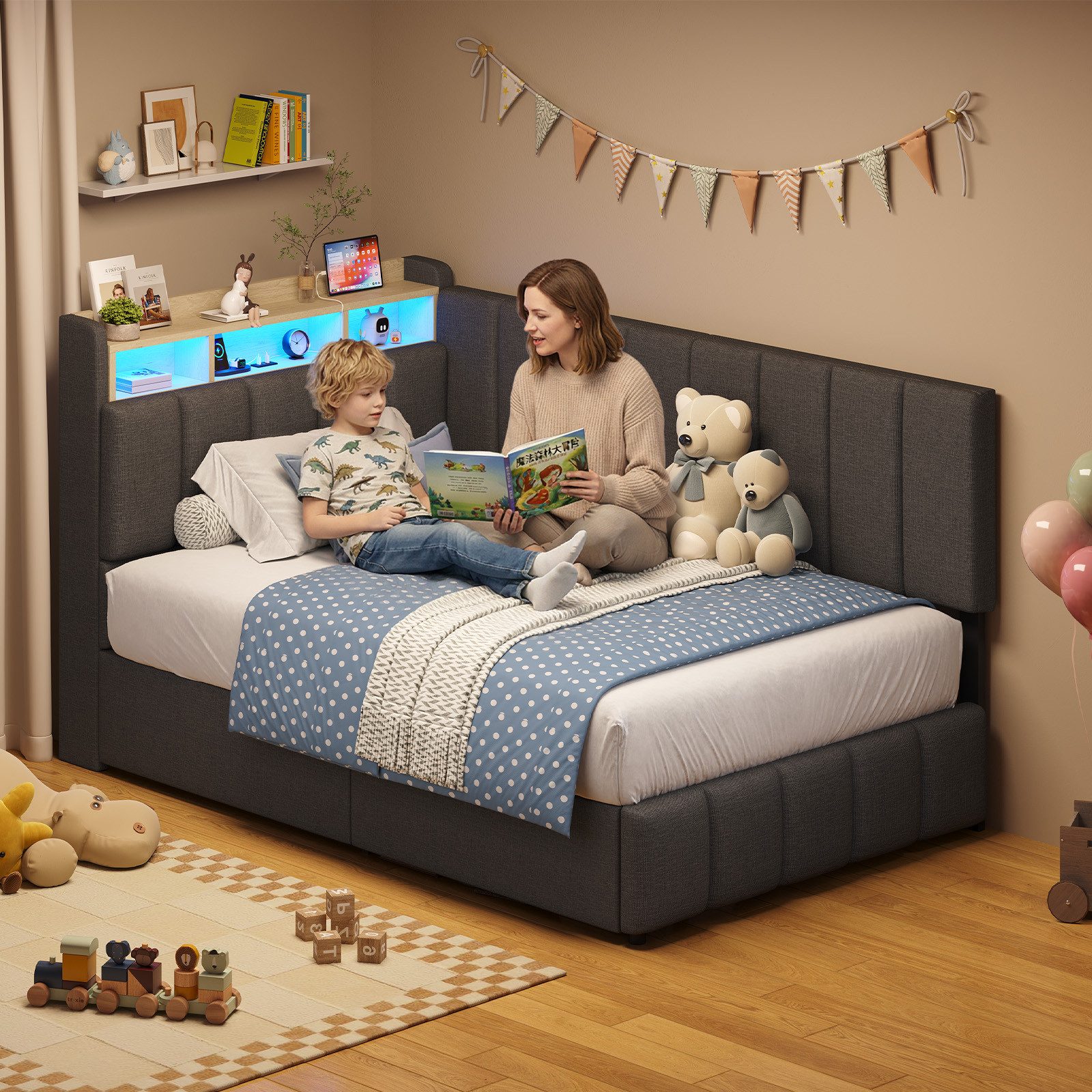 KIMENICH Jugendbett Polsterbett mit LED, Ladestation & Bettkas, Daybett, Schlafsofa (Ohne Matratze), Tagesbett für Schlaf- und Gästezimmer in 90 x 190 cm