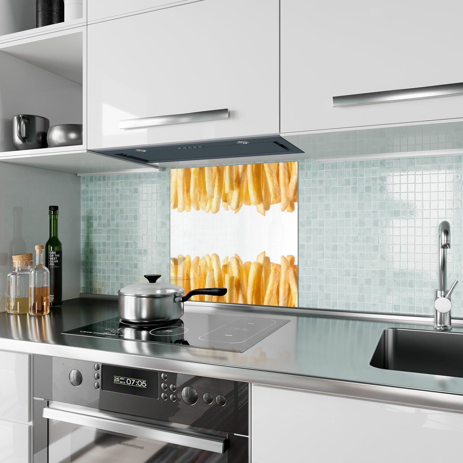 Primedeco Küchenrückwand Küchenrückwand Spritzschutz Glas mit Pommes Motiv linear