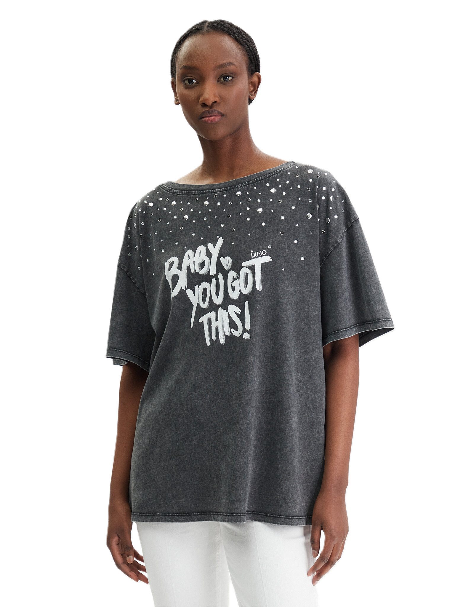 Liu Jo T-Shirt - Damen T-Shirt mit Print & Strass -.Oversize Shirt Baumwolle - washed