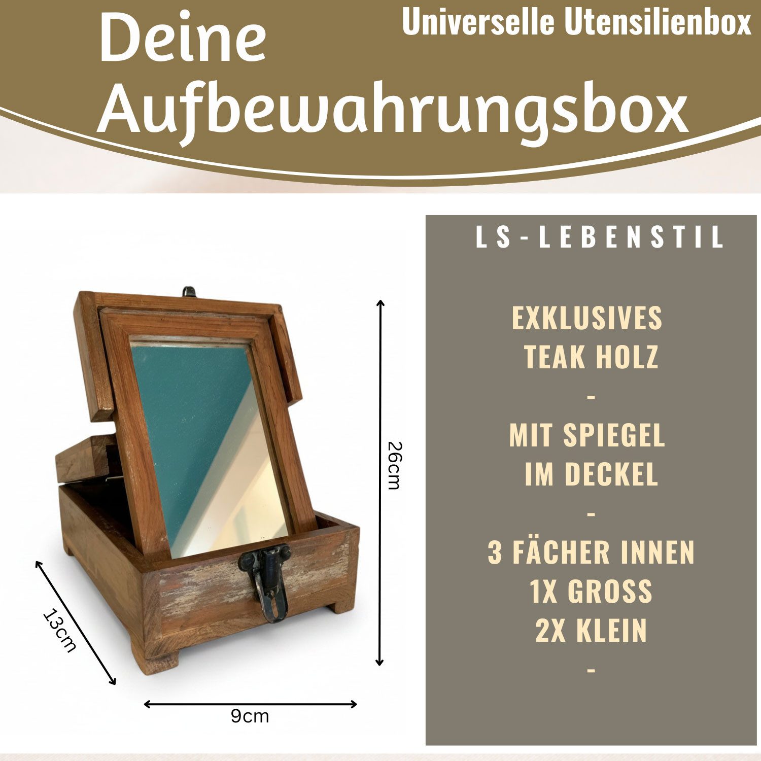 LS-LebenStil Schmuckkasten Barber Utensilienbox Teak Holz 22x13cm Rasierbox Schmuckschatulle (Vintage Rasierbox mit Spiegel und Deckel und 3 Fächern, 1 St., ideal auch als Makeup Organizer, Aufbewahrungsbox Schmuckschatulle), Exklusive und universal einsetzbare Box