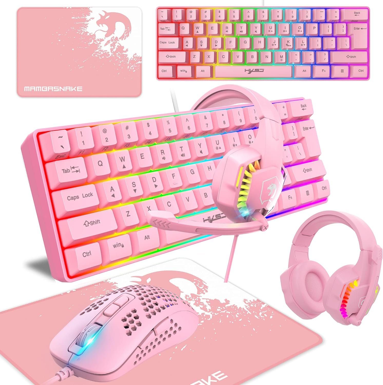 KUIYN 60% kabelgebundene RGB-61-Tasten-Mini Gaming Tastatur- und Maus-Set, mit 11 RGB-Chroma-Hintergrundbeleuchtung, schwebende ABS-Tastenkappen