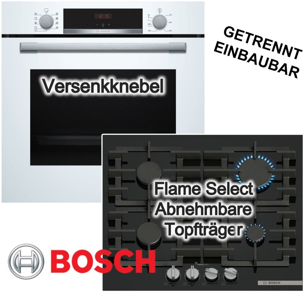 BOSCH Backofen-Set Gaskochfeld 60cm Weiß Schwarz 71l 3D Heißluft FlameSelect EcoClean A+, Hydrolyse