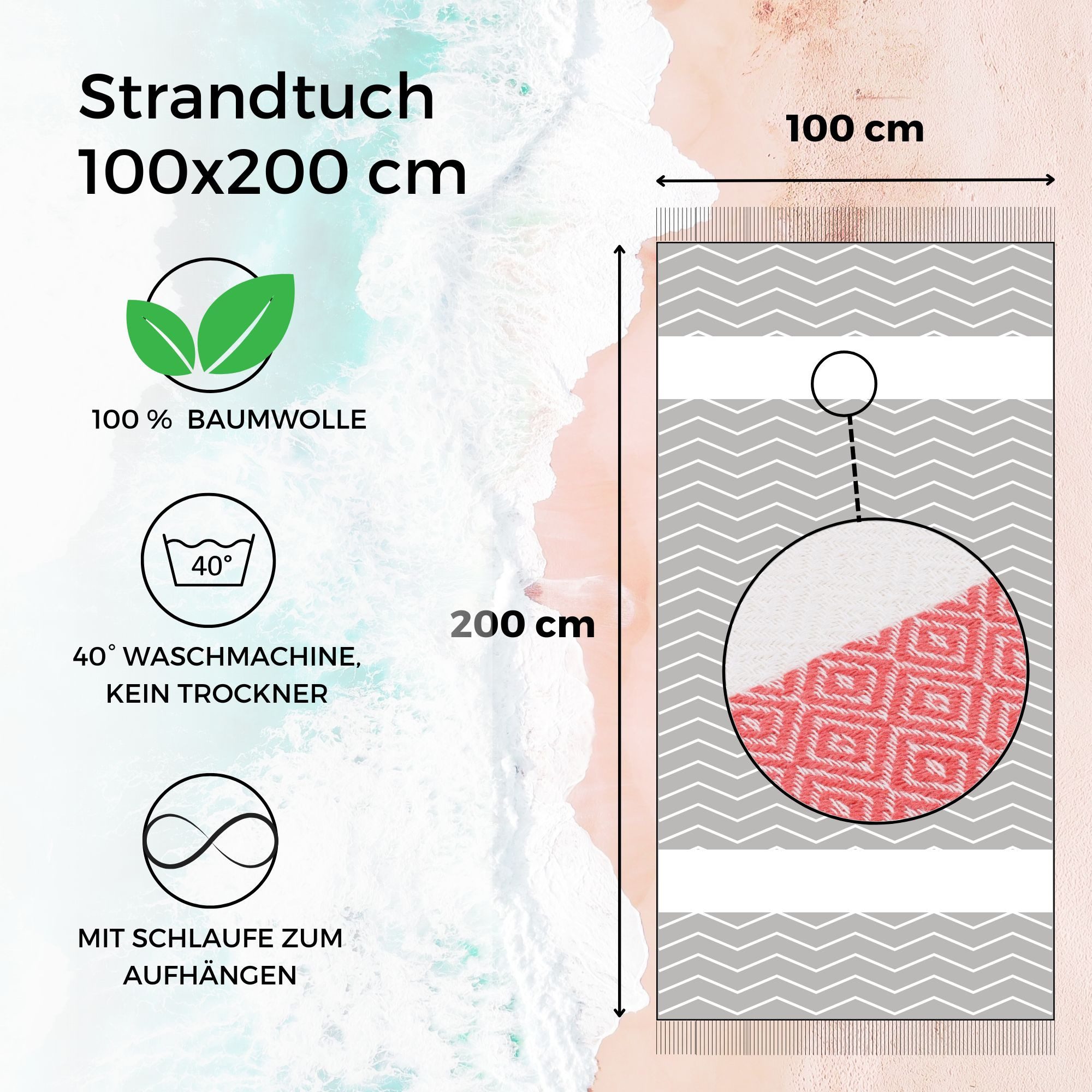 furora HOLIDAY Strandtuch groß 100x200 cm Strand Tuch, aus Baumwolle, Hamamtuch Badetuch, leicht, lang, dünn & kompakt – Bild 3 von 5