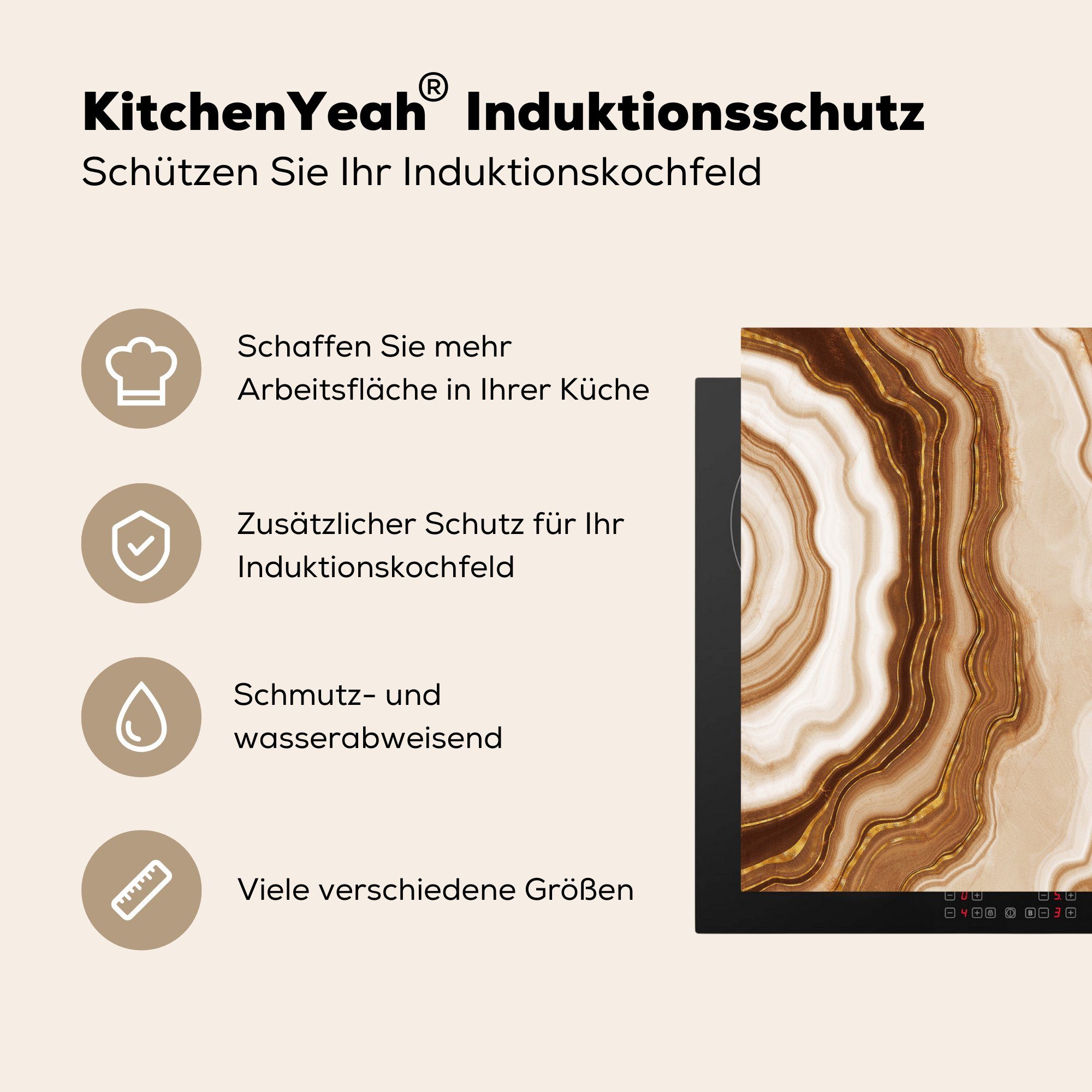 Küchen für Herdblende-/Abdeckplatte - Edelsteine - tlg), Stein, (1 Dekoration MuchoWow Vinyl, Braun Induktionsherd, 58x51 Induktionskochfeld Achat - cm,