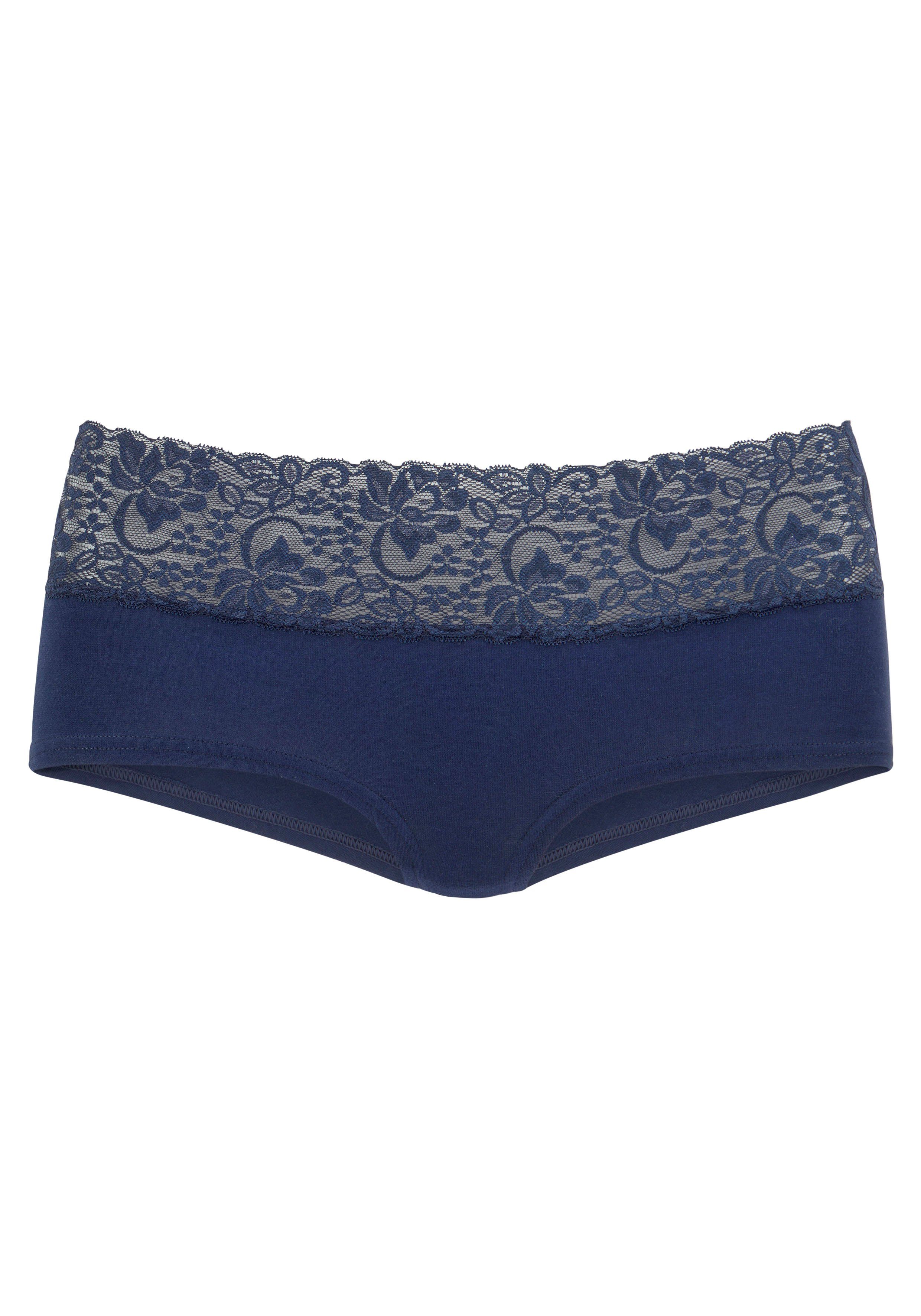 Vivance Panty (Packung, 3-St) elastischer mit Baumwolle navy rauchblau, floraler aus Spitze eisblau