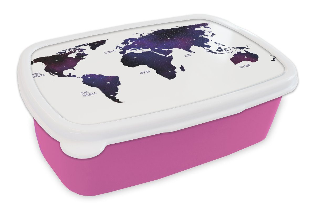 MuchoWow Lunchbox Weltkarte - Lila - Sternenhimmel - Kinder - Jungen - Mädchen, Kunststoff, (2-tlg), Brotbox für Erwachsene, Brotdose Kinder, Snackbox, Mädchen, Kunststoff rosa
