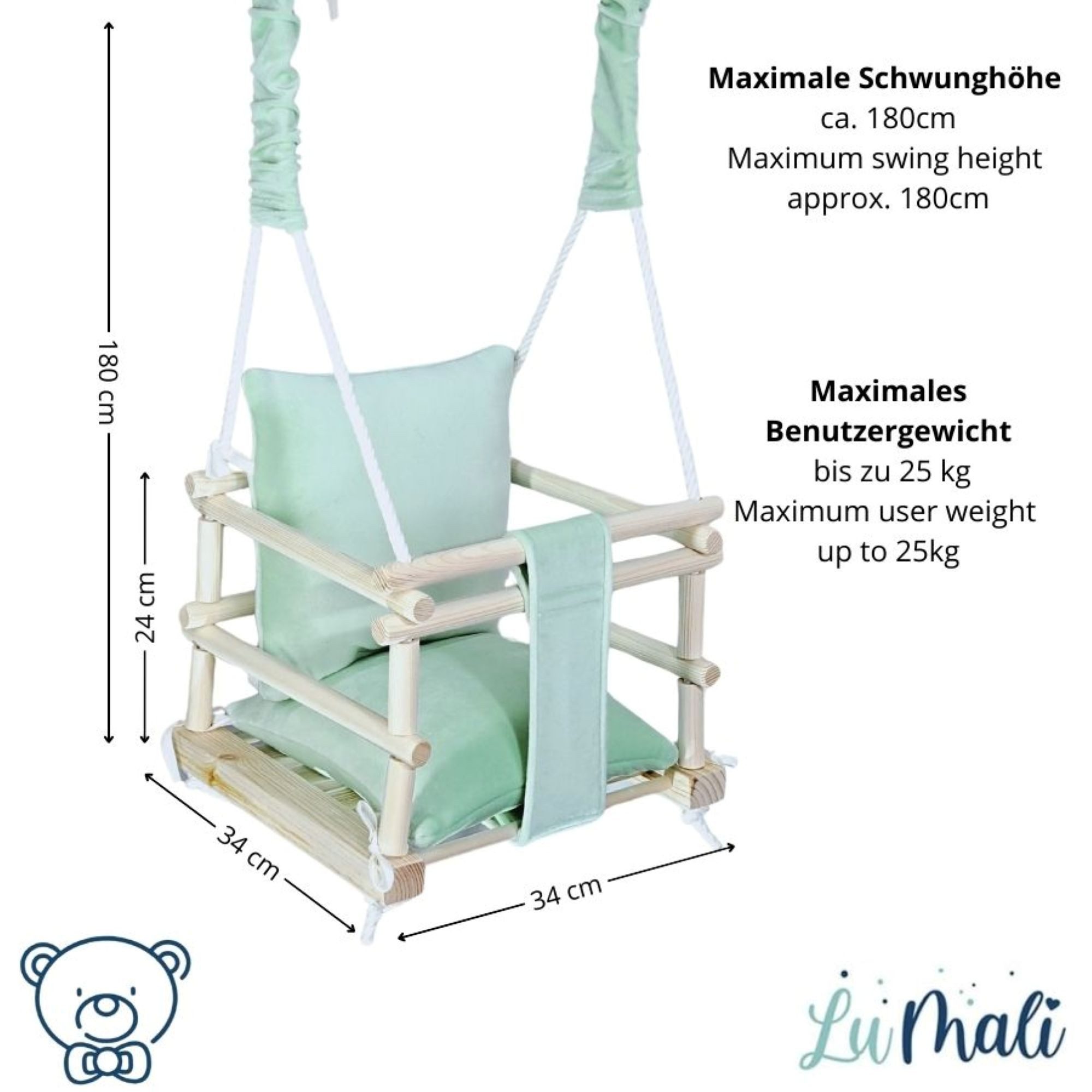LuMali Babyschaukel Babyschaukel 3in1 Holz Sicherheitsgurt drinnen draußen 34x34x28cm, Kinderschaukel Naturholz Kiefer weich verstellbar 6-36 Monate