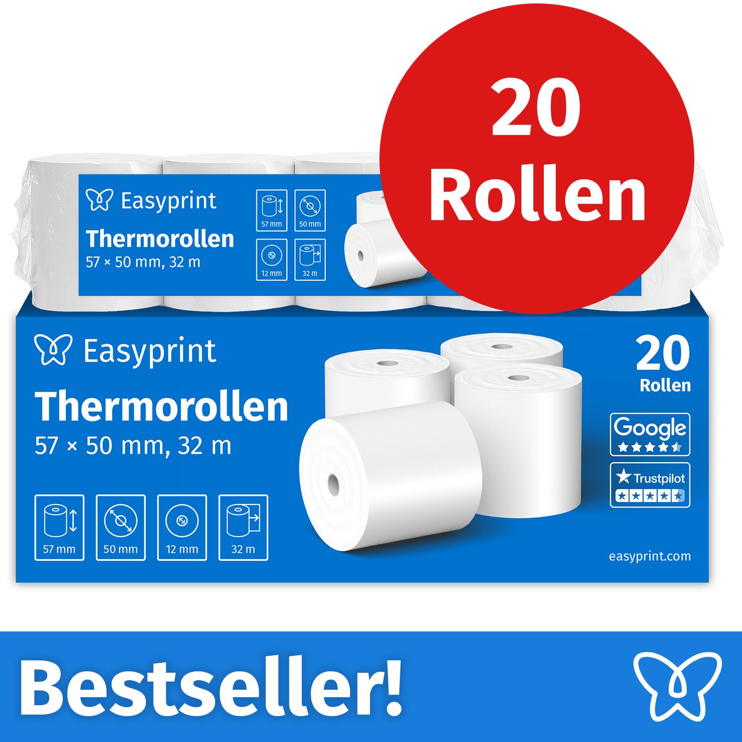 Easyprint Endlospapier Thermorollen, 57 x 50 x 12mm, 32m, PEFC, Für EPSON, IBM, u.v.m., PEFC-Zertifikat (GFA-PEFC-COC-500582)