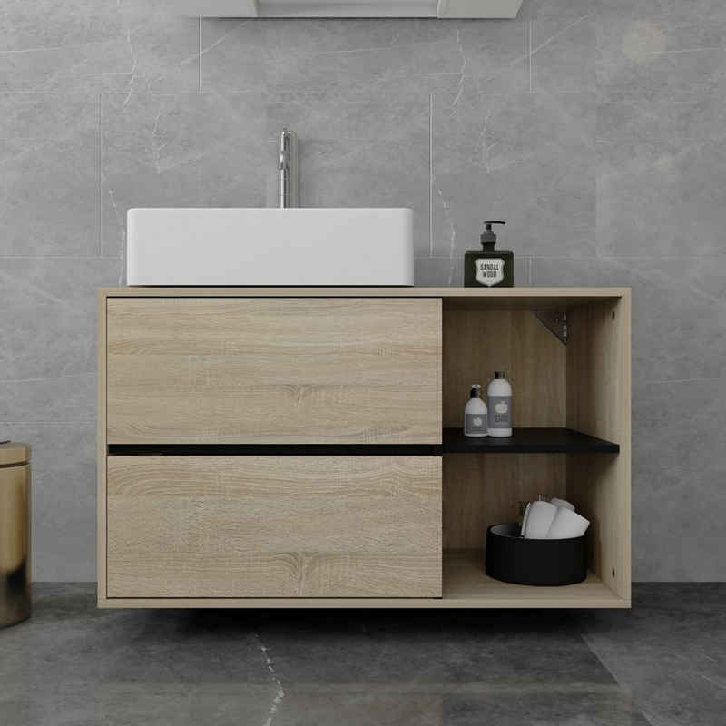 LuxeBath Badezimmerspiegelschrank Waschbeckenunterschrank Waschtischunterschrank Hängend Braun-Schwarz 100x60x455cm 2 Schubladen Ablage viel Stauraum