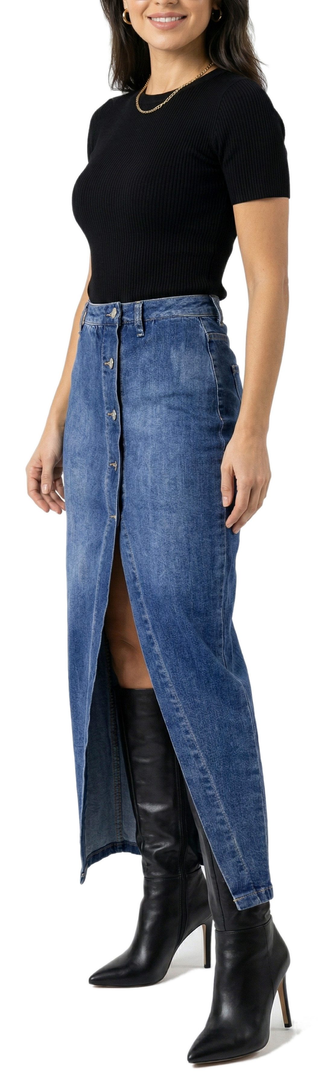 dy_mode Jeansrock Damen Maxi Rock High Waist mit Frontschlitz Jeansrock Freizeitrock High Waist, mit Gehschlitz