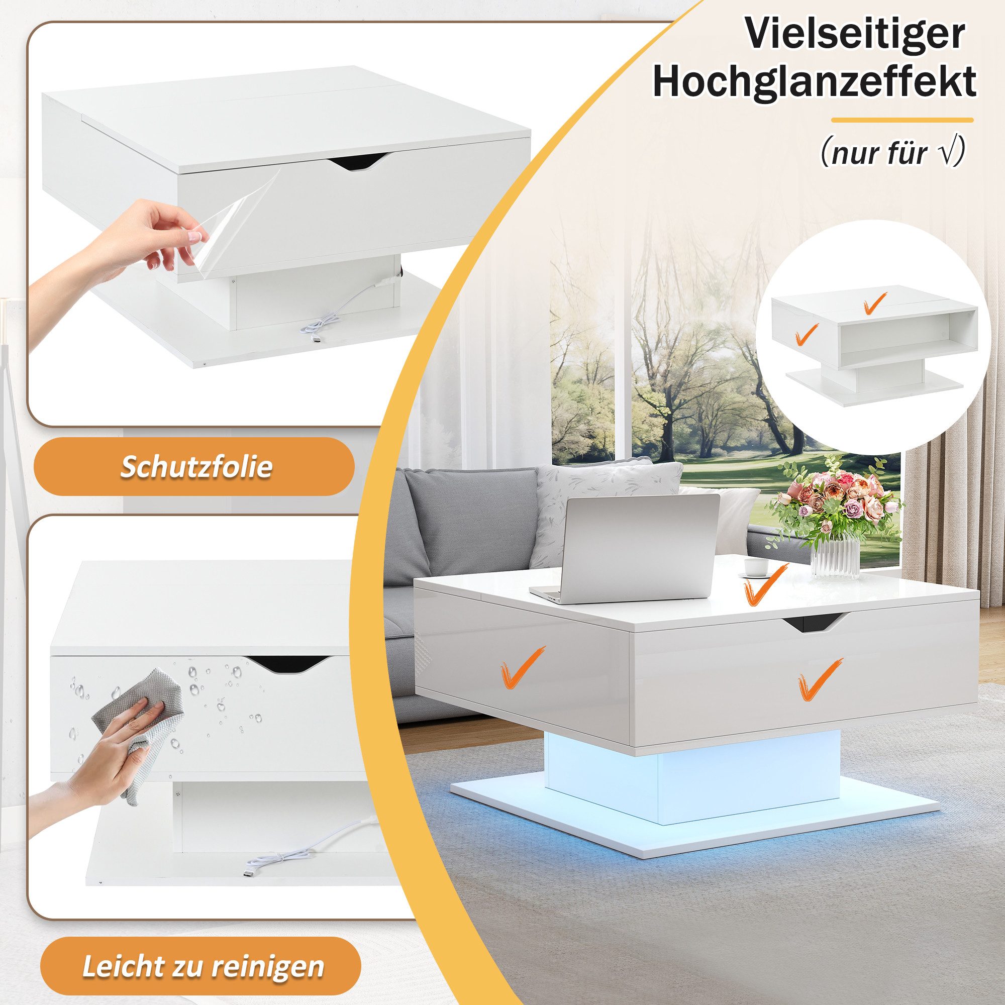 Merax Couchtisch hochglanz Sofatisch anhebbarer Beistelltisch mit LED-Beleuchtung (1-St., 80x75x40 cm), Wohnzimmertisch mit verstecktem Stauraum & halboffenem R – Bild 5 von 5