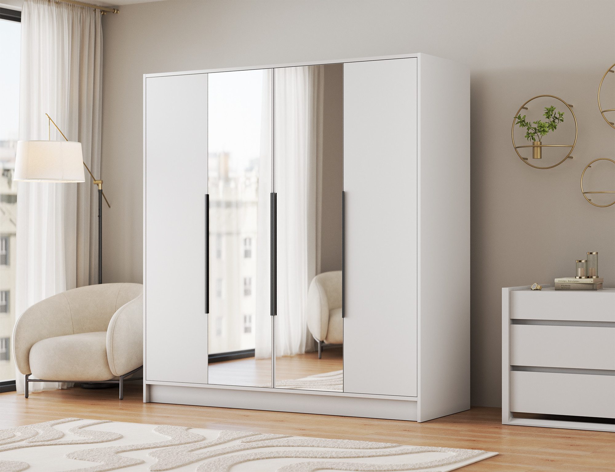 MOEBLO Drehtürenschrank Silvara 200 (Kleiderschrank, 4-türig, mit Spiegel, 10 Einlegeböden und Kleiderstangen, BxHxT 200x200x51 cm, Weiß, Kaschmir oder Schwarz) (BxHxT): 200 x 200 x 51 cm