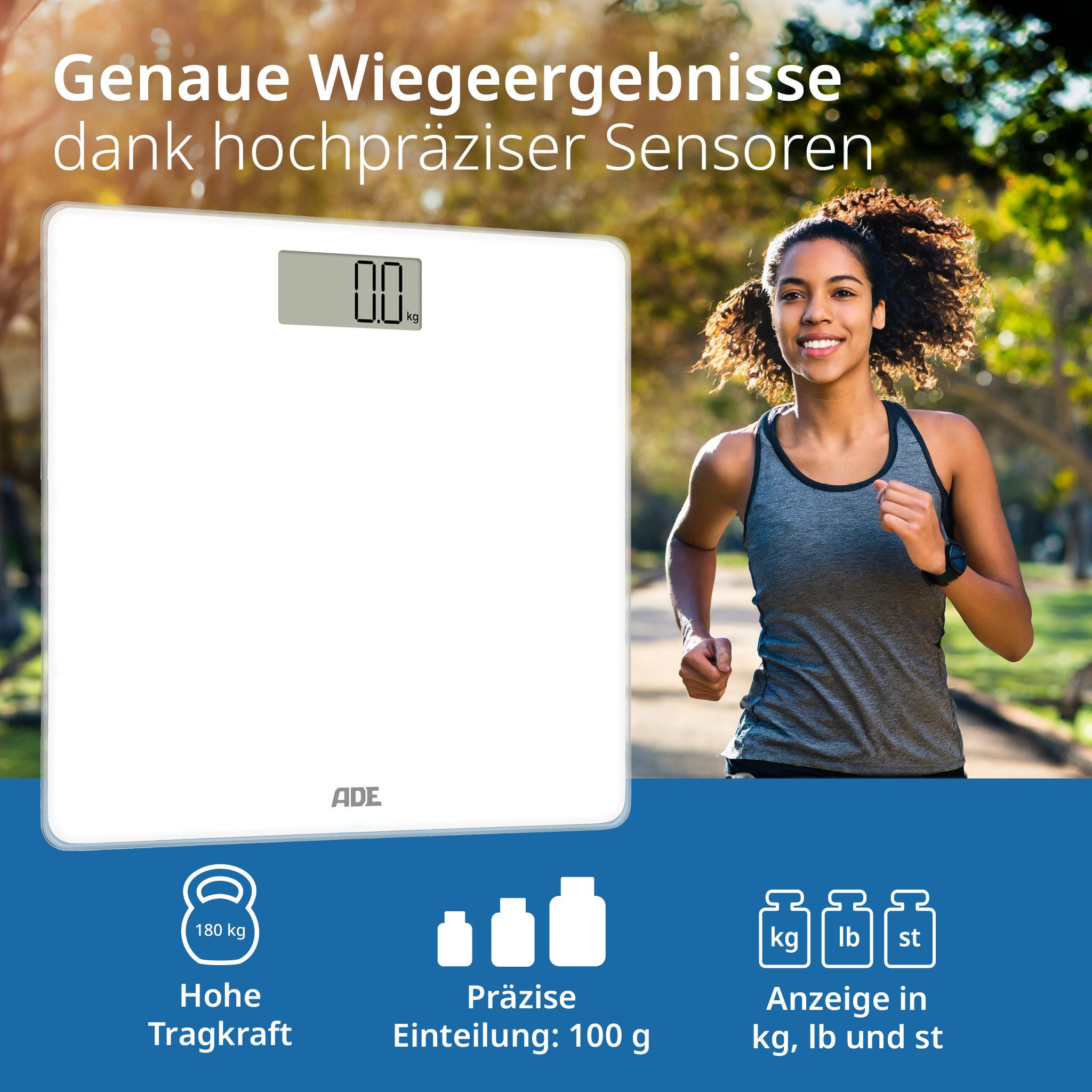 ADE Personenwaage Digitale Körperwaage mit großem LED Display, Wiegefläche aus gehärtetem Sicherheitsglas mit Tragkraft bis 180kg