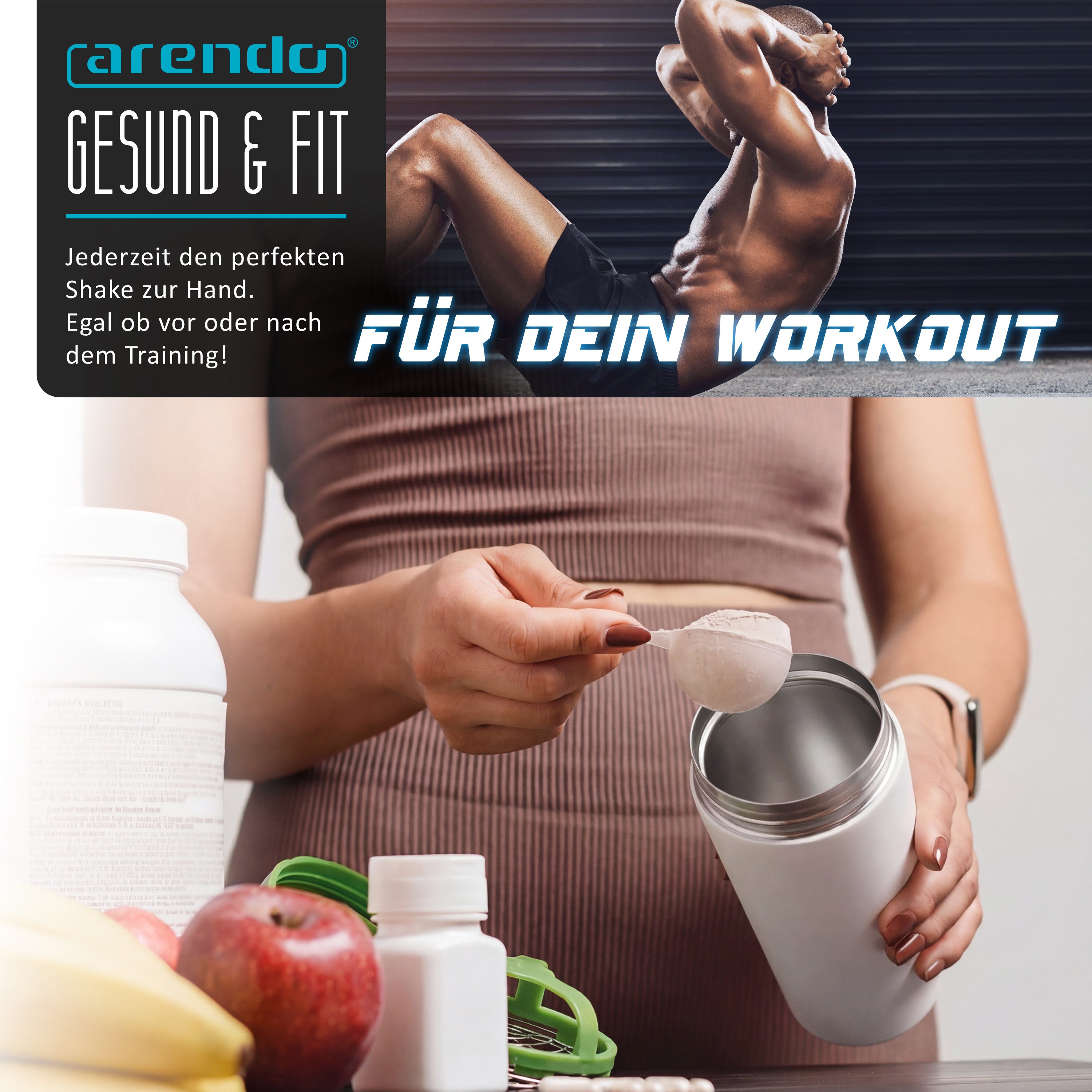 Arendo Protein Shaker Edelstahl Eiweißshaker 500 ml, verschließbar, bruchfest, BPA-frei, Edelstahl, (1-tlg), auslaufsicher, spülmaschinengeeignet, mit Tragegrif – Bild 4 von 5