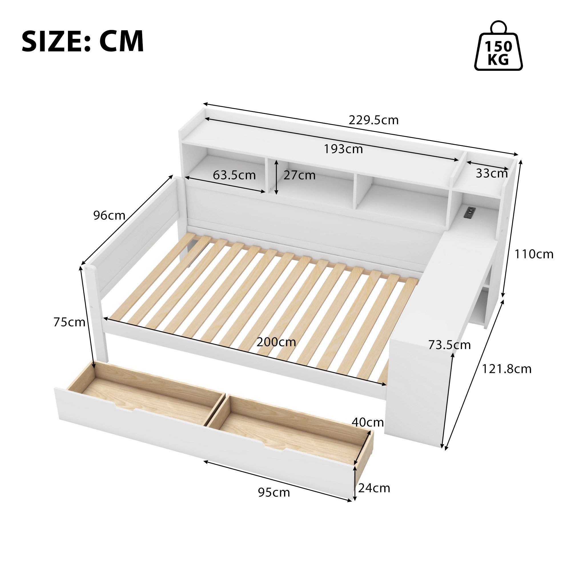 Flieks Kinderbett, Daybett 90x200cm mit Aufladenfunktion, 2 Schubladen und günstig online kaufen