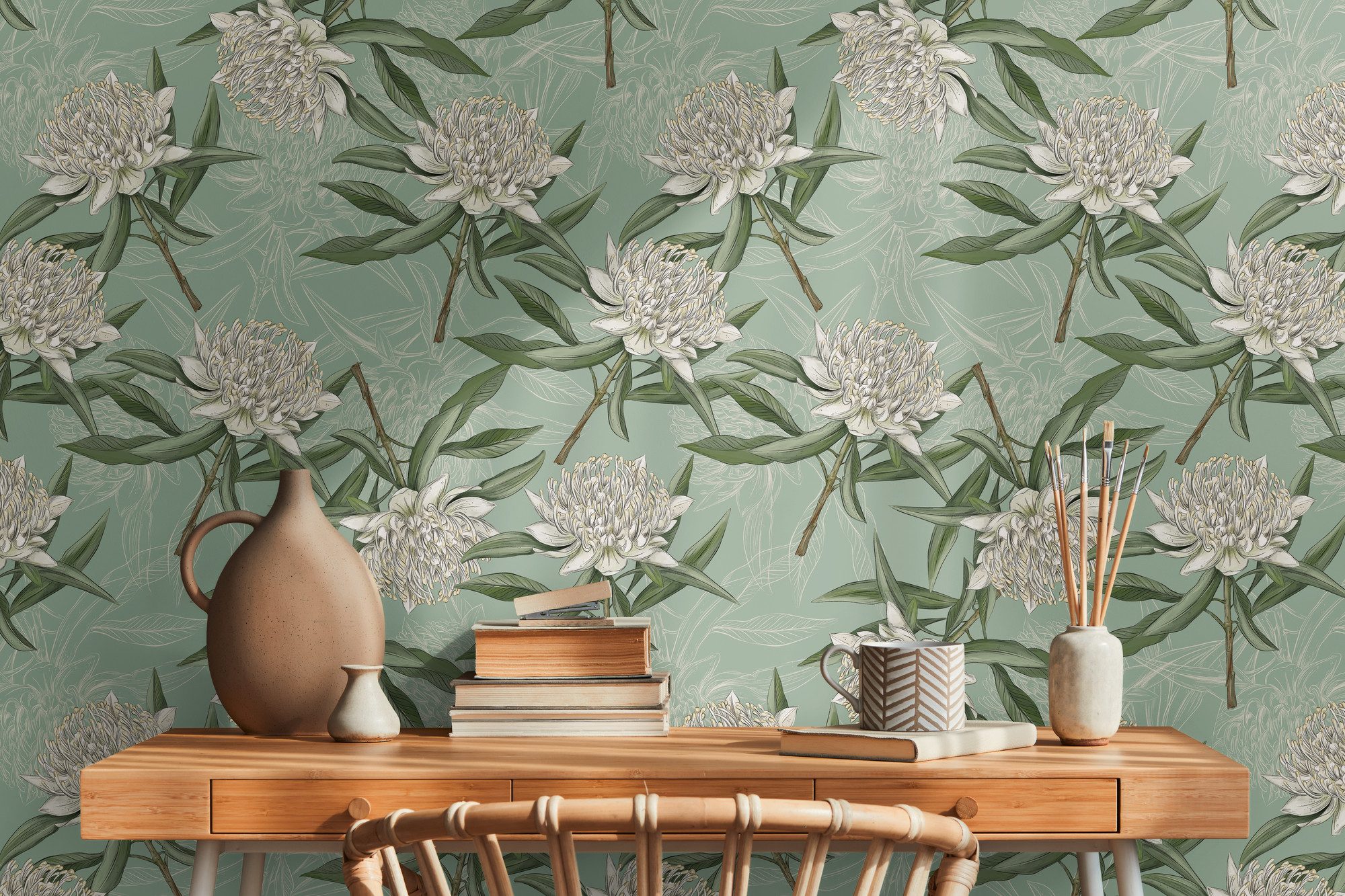 living walls Vliestapete Drawn Into Nature florale Tapete Mustertapete Pflanzen Natur, strukturiert, matt, (1 St), Vliestapete Blätter für Schlafzimmer Küche Wohnzimmer Floral Design