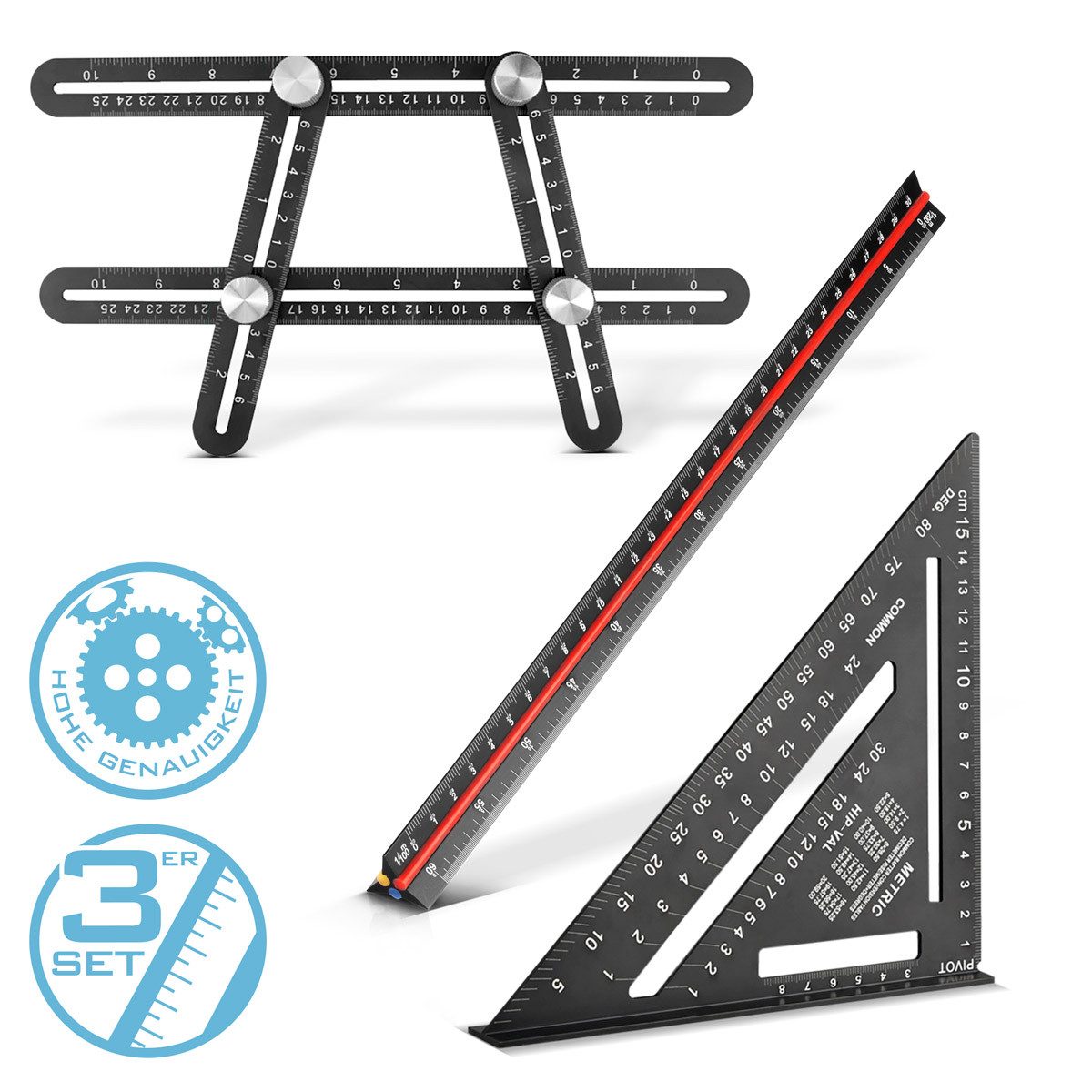 STAHLWERK Lineal Lineal Set mit Multiwinkel-Messlineal, Dreikant-, gefertigt aus leichtem Aluminium
