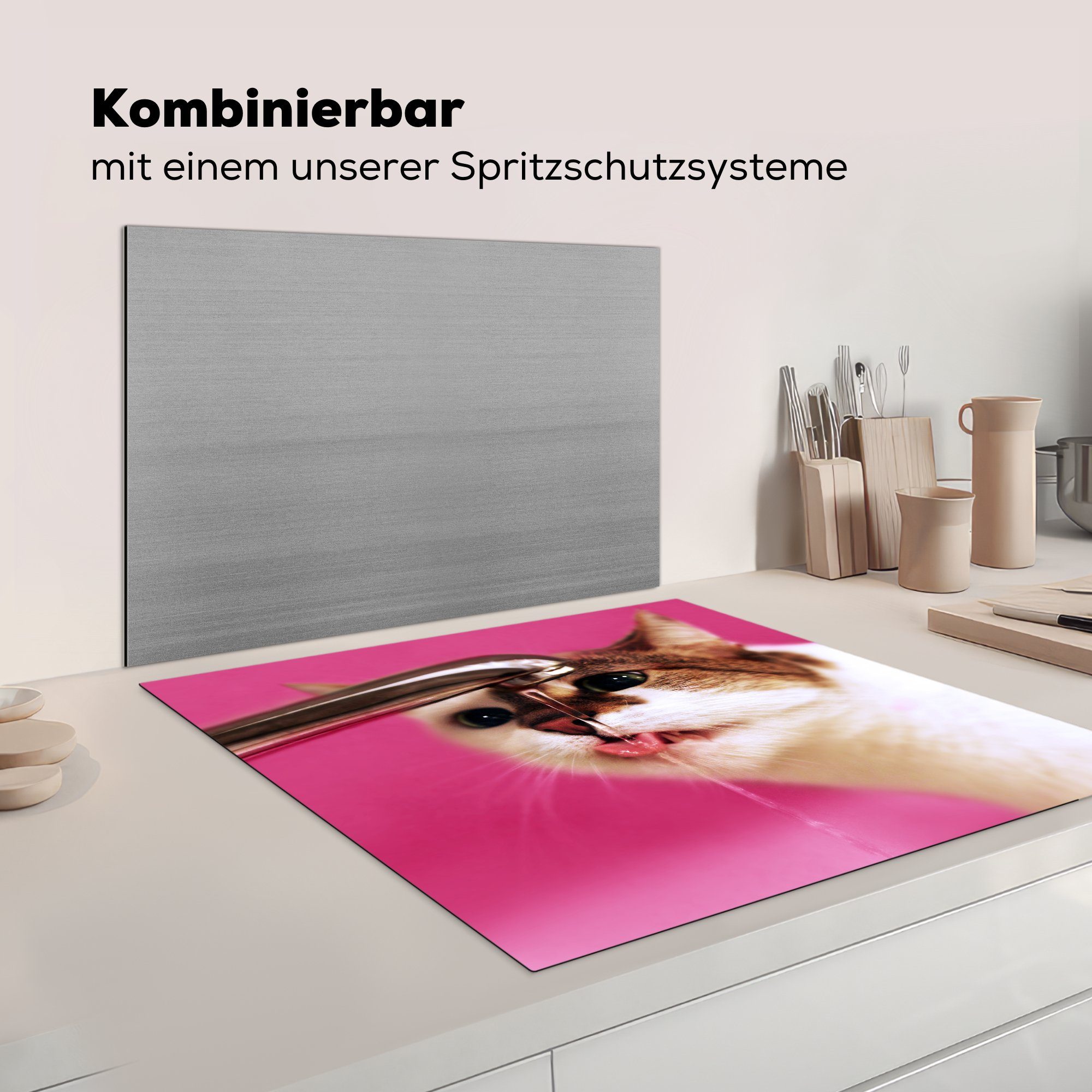 Arbeitsplatte MuchoWow cm, - tlg), Herdblende-/Abdeckplatte Katze Vinyl, Wasser für Zunge - küche - Rosa, Ceranfeldabdeckung, 78x78 (1